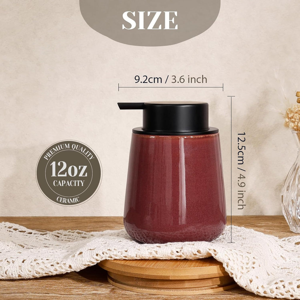 INGOFIN Ceramic Lotion Dispenser - 12 oz Refillable Hand Soap Dispenser Bathroom, Modern Liquid Soap Dispenser with Pump, Dish Dispenser for Kitchen,Kiln-Glazed Red Brown
