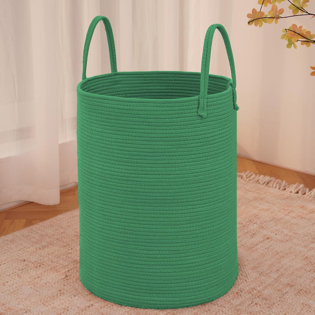 Large Woven Laundry Basket Hamper,60L Cotton Rope Storage Bin for Blankets,Toys and Clothes,Decorative Tall Nursery Hamper for Living Room,Baby Nursery,Bathroom and Bedroom,Dark Green