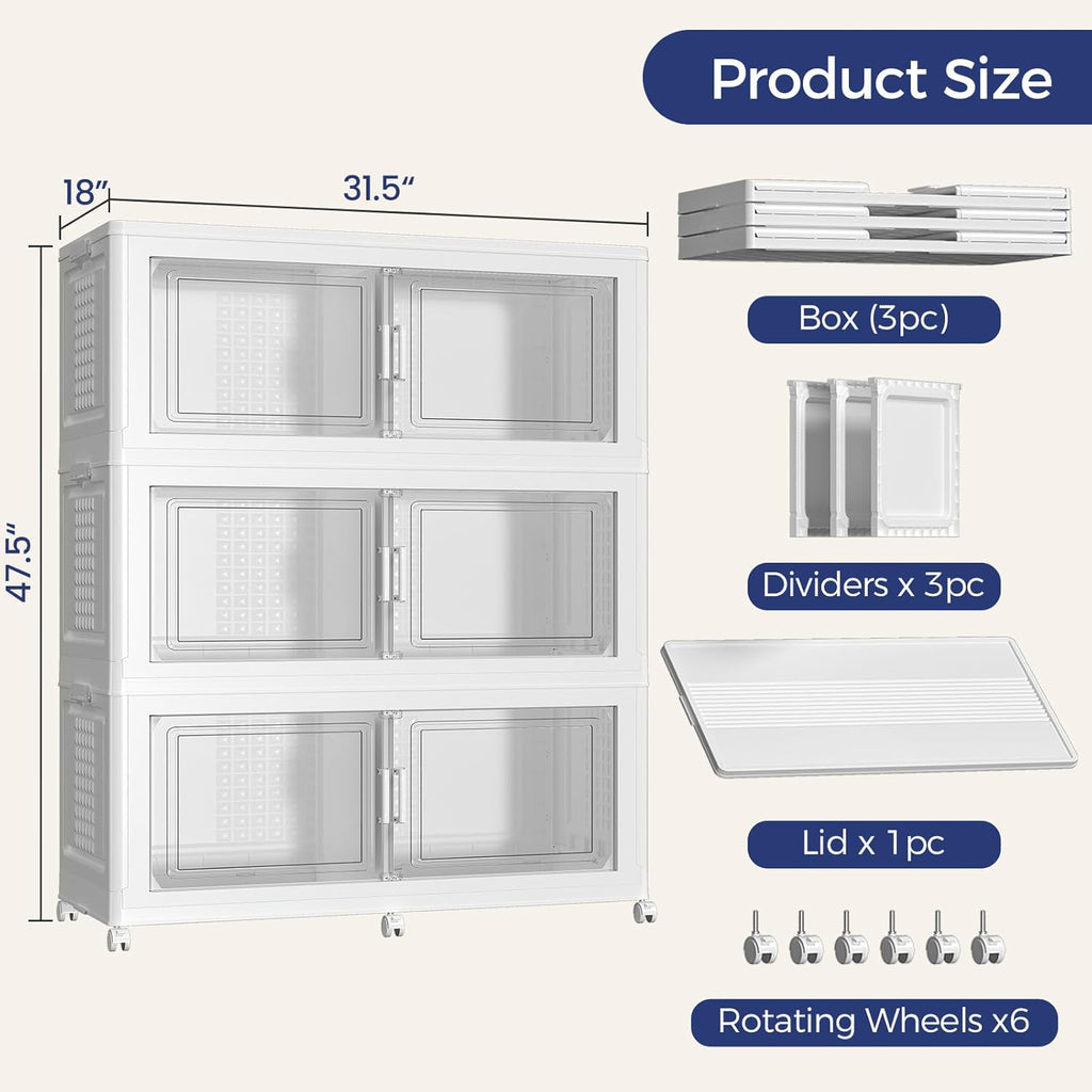 150GAL Storage Bins with Lid and Wheels, Stackable Closet Organizers and Storage Drawer, Collapsible Storage Box with Dividers, Foldable Plastic Cabinets Cubes Totes for Garage, 3 Pack White