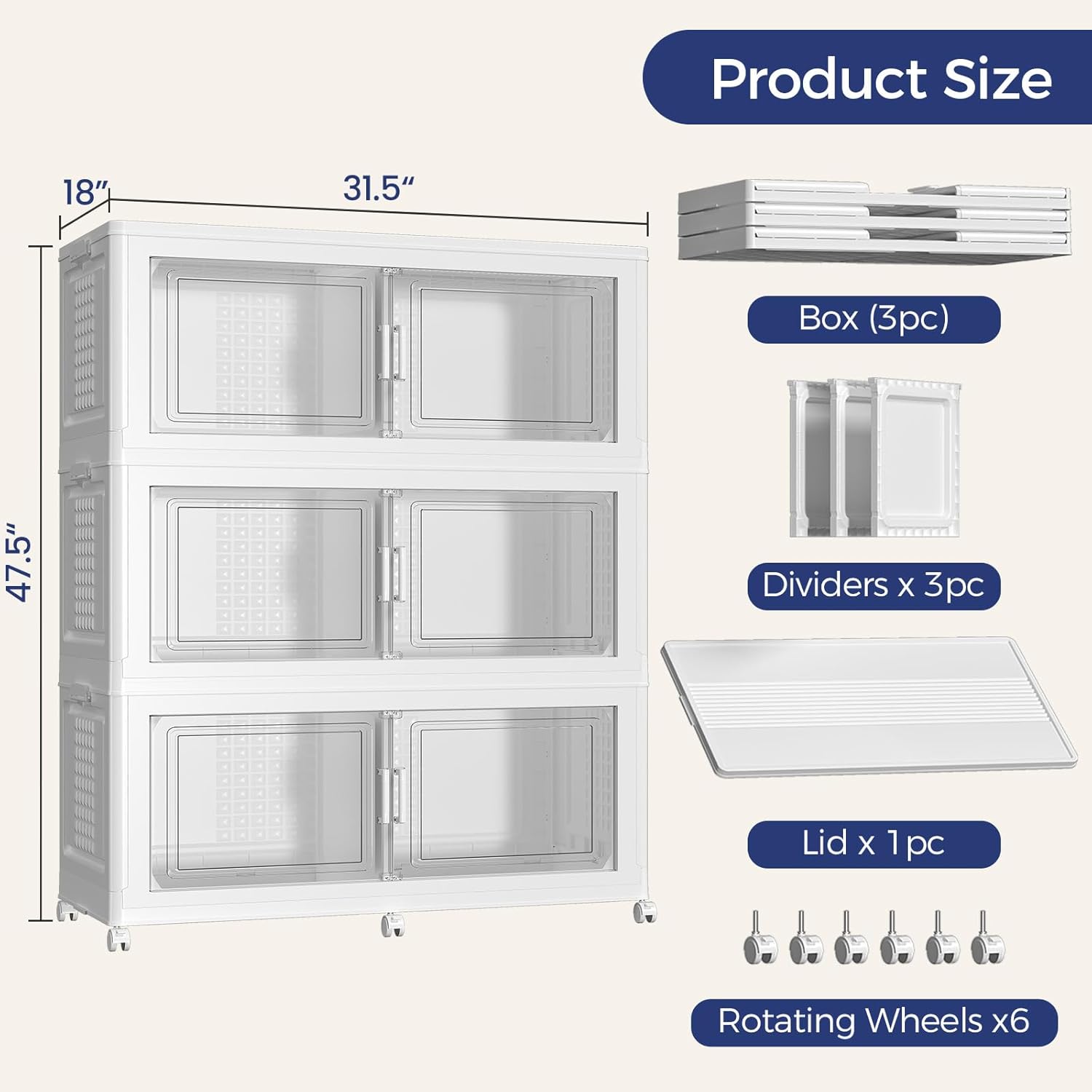 150GAL Storage Bins with Lid and Wheels, Stackable Closet Organizers and Storage Drawer, Collapsible Storage Box with Dividers, Foldable Plastic Cabinets Cubes Totes for Garage, 3 Pack White