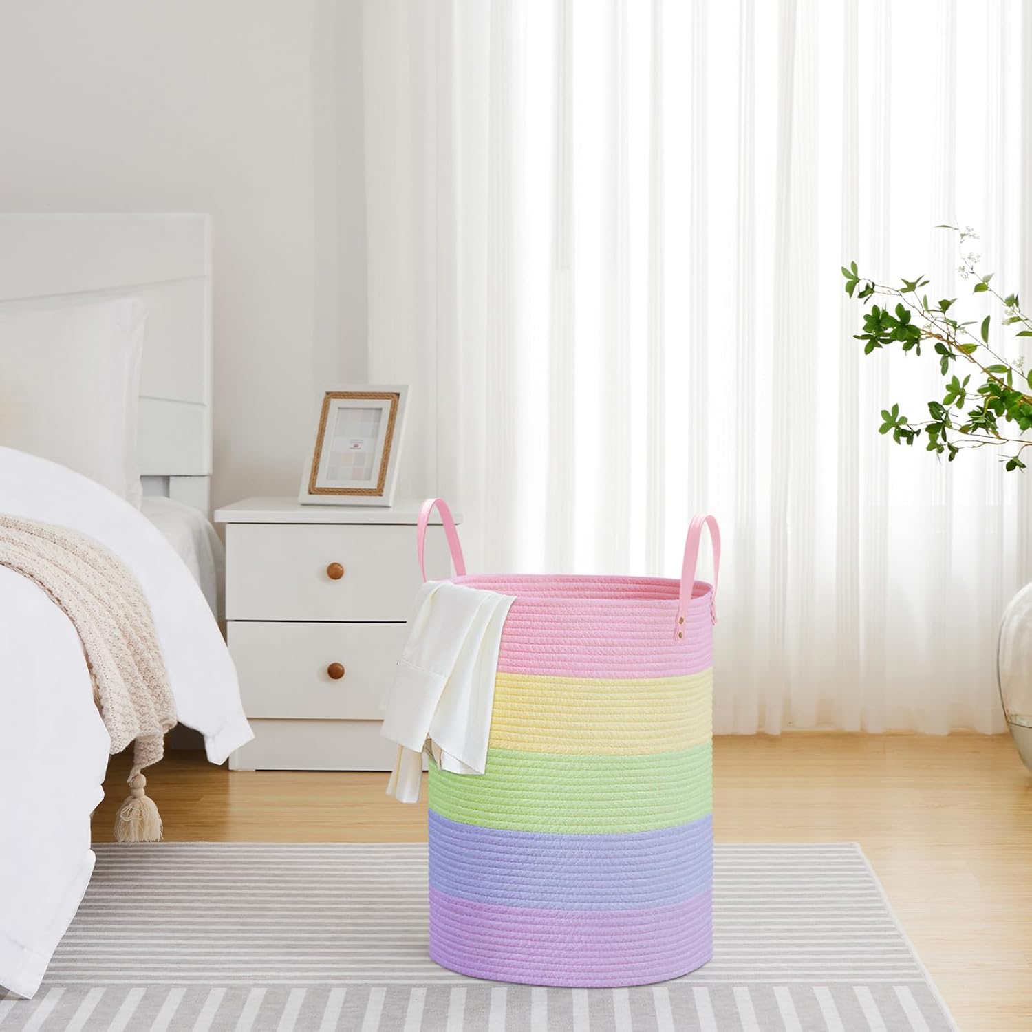 VIPOSCO Tall Laundry Basket, Large Dirty Clothes Hamper with Leather Handle, Woven Rope Storage Basket for Blanket, Toy In Living Room, Bathroom, Bedroom - 58L Rainbow