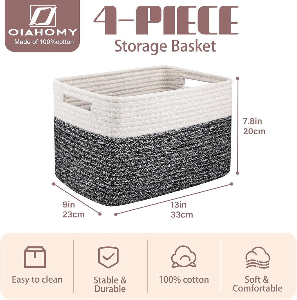 OIAHOMY 4 Pack Storage Baskets for Organizing, Basket for Shelves with Handle, Woven Baskets for Storage Toys, Towels, Books, Cotton Rope Basket 13" L x 9 " W x 7.8 " H, Black & White