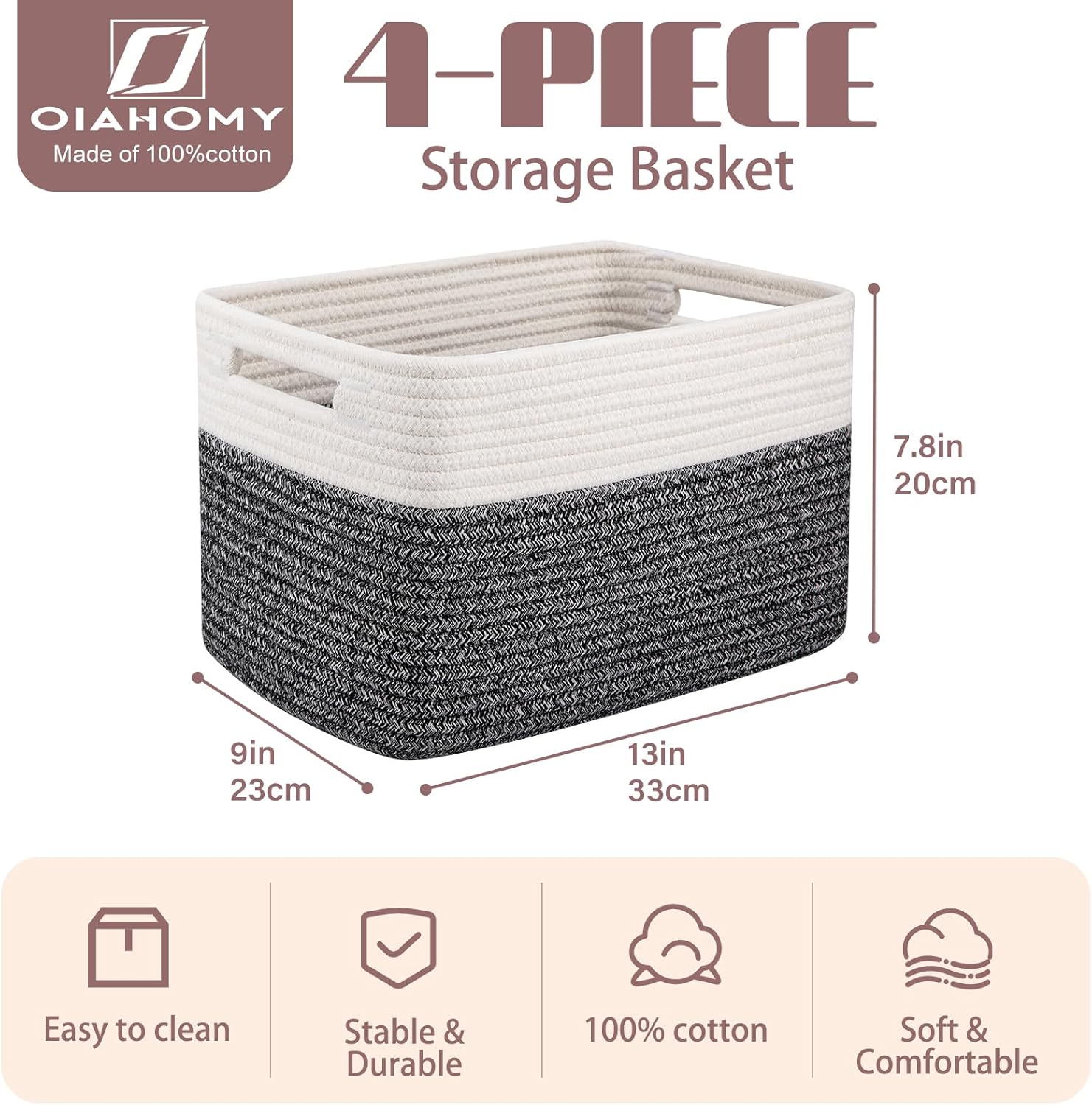 OIAHOMY 4 Pack Storage Baskets for Organizing, Basket for Shelves with Handle, Woven Baskets for Storage Toys, Towels, Books, Cotton Rope Basket 13" L x 9 " W x 7.8 " H, Black & White