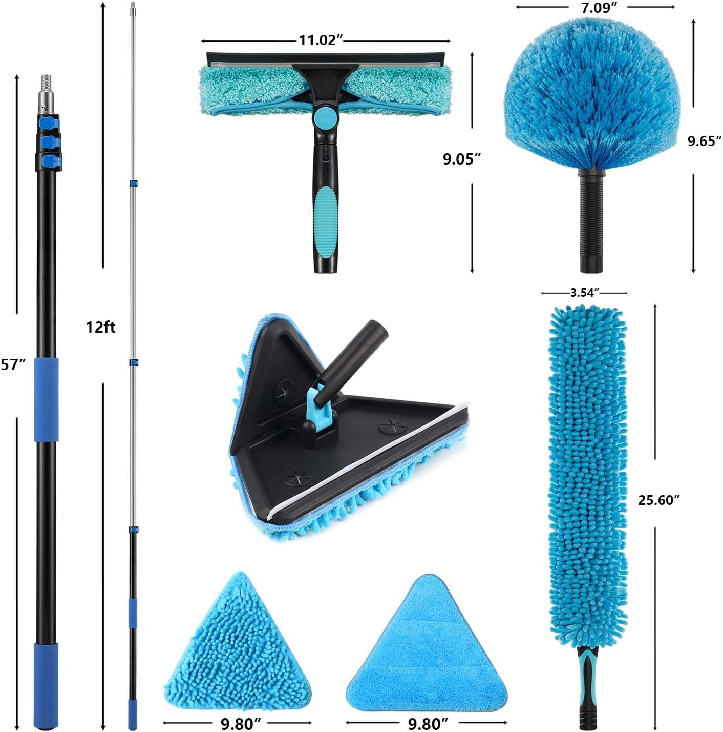 20 Feet High Ceilings Baseboard Wall Cleaner Mop with 12 Ft Extension Pole, Cobweb Duster, Window Cleaning Squeegee Kit (12ft)
