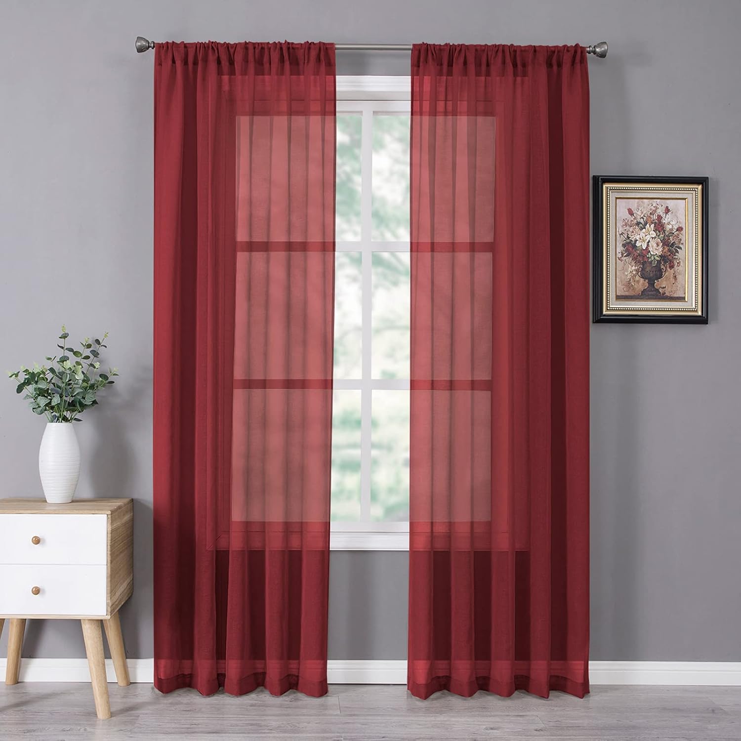 Tollpiz Sheer Curtains Bedroom Linen Textured Curtain Sheers Light Filtering Voile Rod Pocket Curtains for Living Room, 38 x 84 inches Long, Burgundy Red, Set of 2 Panels