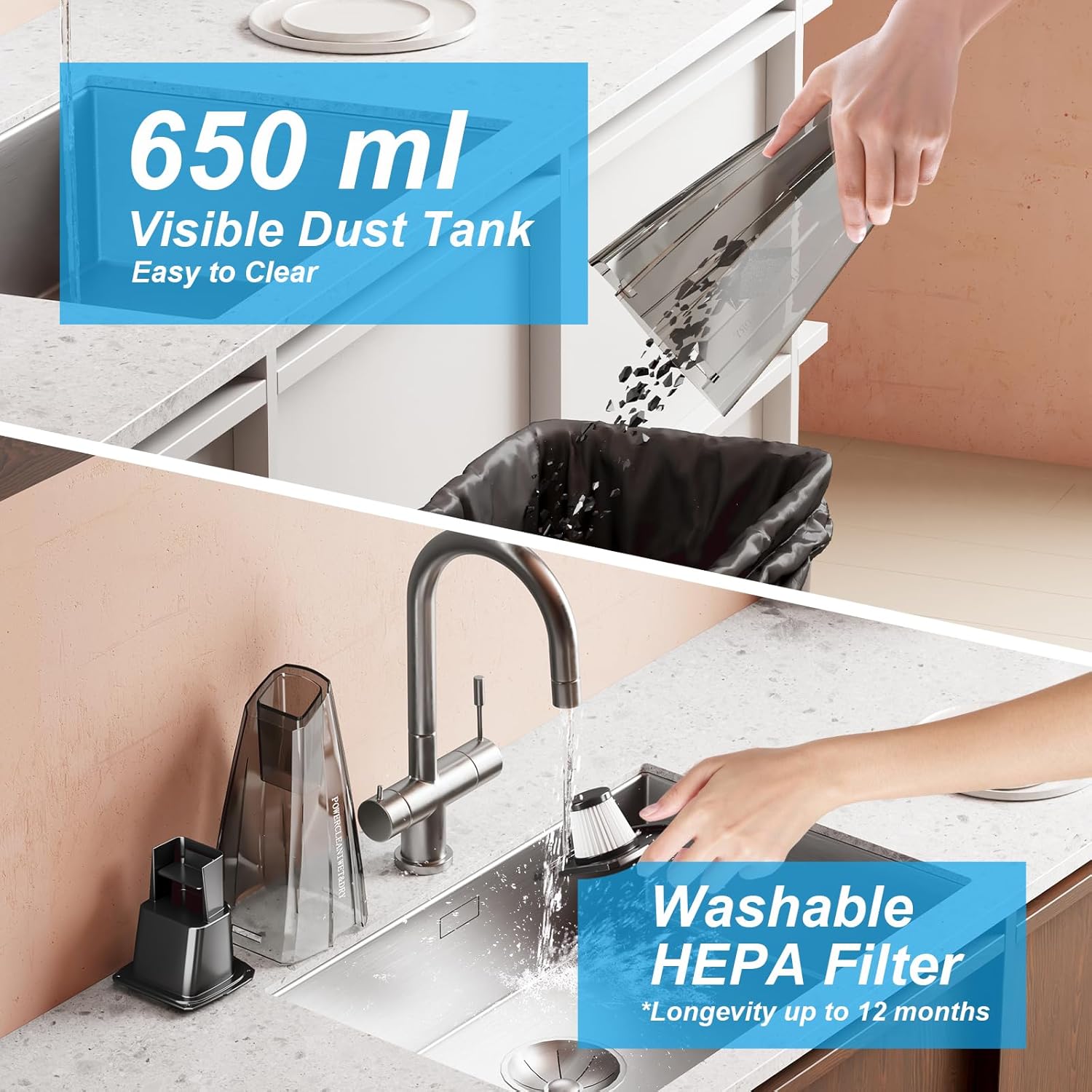 9700Pa Handheld Vacuum Cordless, 100W Portable Car Vacuum, Wet Dry Hand Held Vacuum, Lightweight Low-Noise Washable HEPA Filter Vacuum Cleaner for Car/Home/Pet/Office