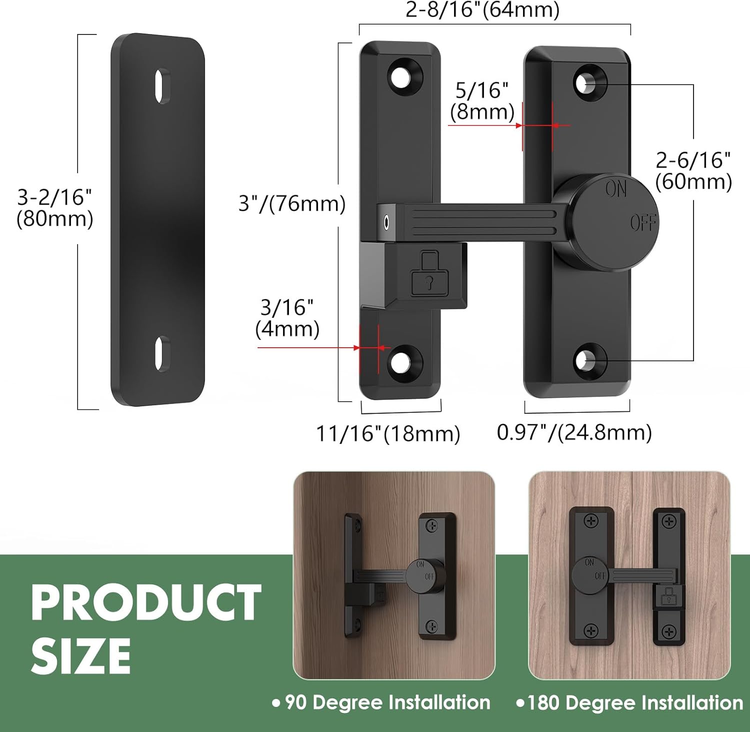 Barn Door Lock Latch, 90/180 Degree Flip Sliding Door Latch for Garage, Bedroom, Cabinet, Sturdy Zinc Alloy Security 90 Degree Lock (Black-1 Pc)