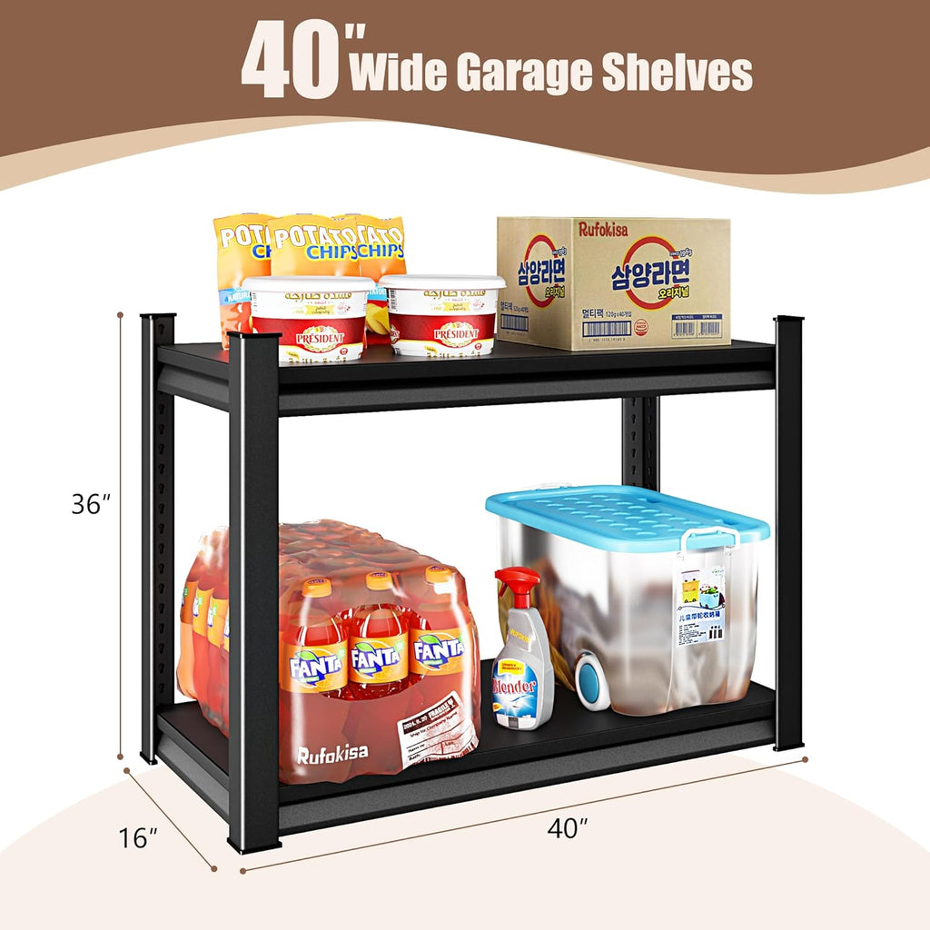 40" W 2-Tier Garage Shelving Heavy Duty, 1000LBS Loads Garage Storage Shelves, Metal Shelving Units and Storage Racks, Industrial Utility Shelf Heavy Duty,40" Wx16 Dx36 H, Black
