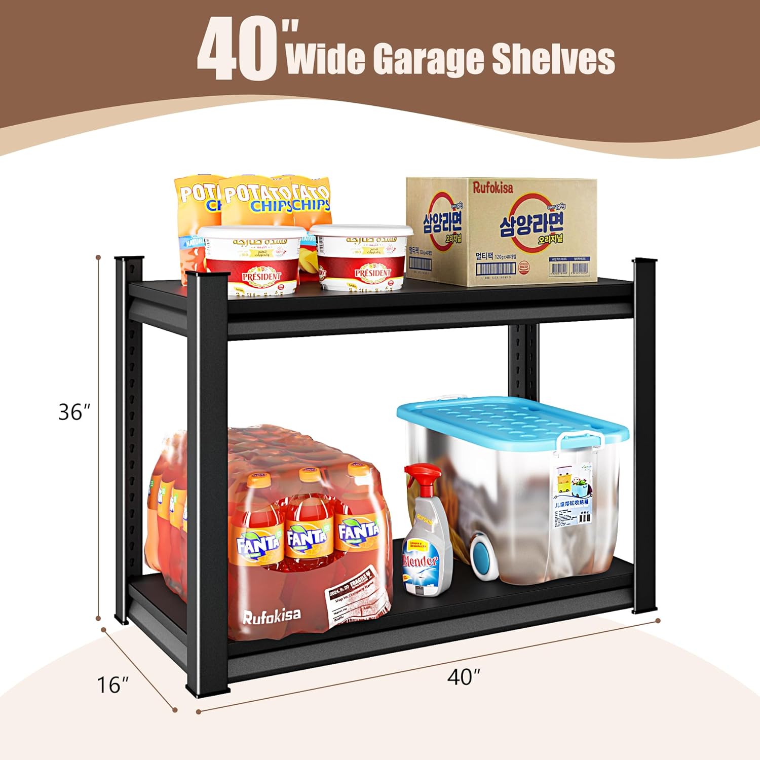40" W 2-Tier Garage Shelving Heavy Duty, 1000LBS Loads Garage Storage Shelves, Metal Shelving Units and Storage Racks, Industrial Utility Shelf Heavy Duty,40" Wx16 Dx36 H, Black