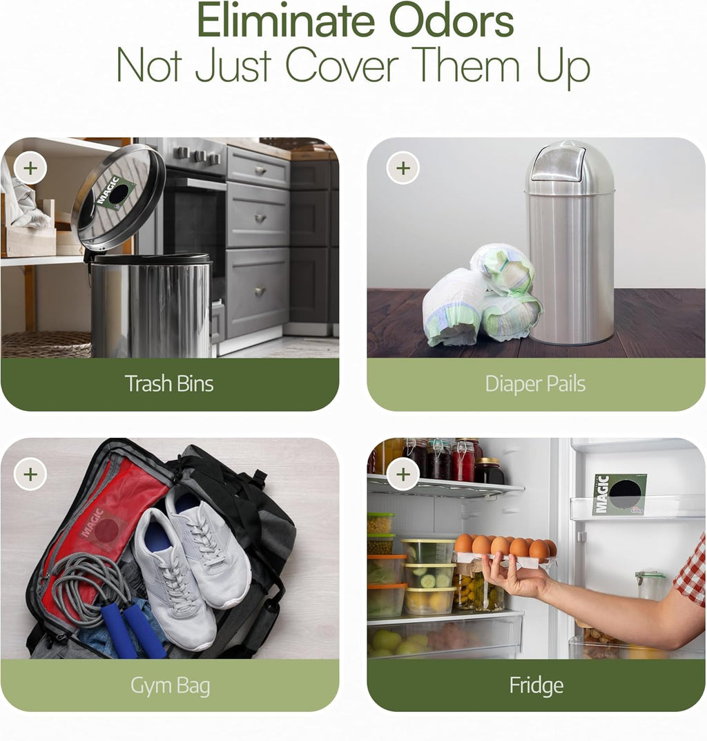 BioStrike Odor Magic - Activated Charcoal Odor Absorber Pads - Kitchen Odor Remover - Easy Peel & Stick Design - All Natural Filters for Trash Cans, Fridges & Small Spaces - Made in USA (8 Pack)