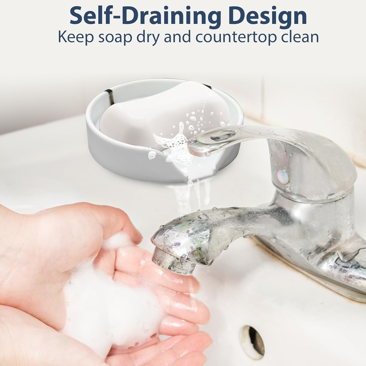 Self Draining Soap Dish, Silicone Suction Cup Soap Holder Tray Savers Container Sponge Holder for Bar Bathroom Shower Kitchen Sink, Can Extend Soap Life (1, White)