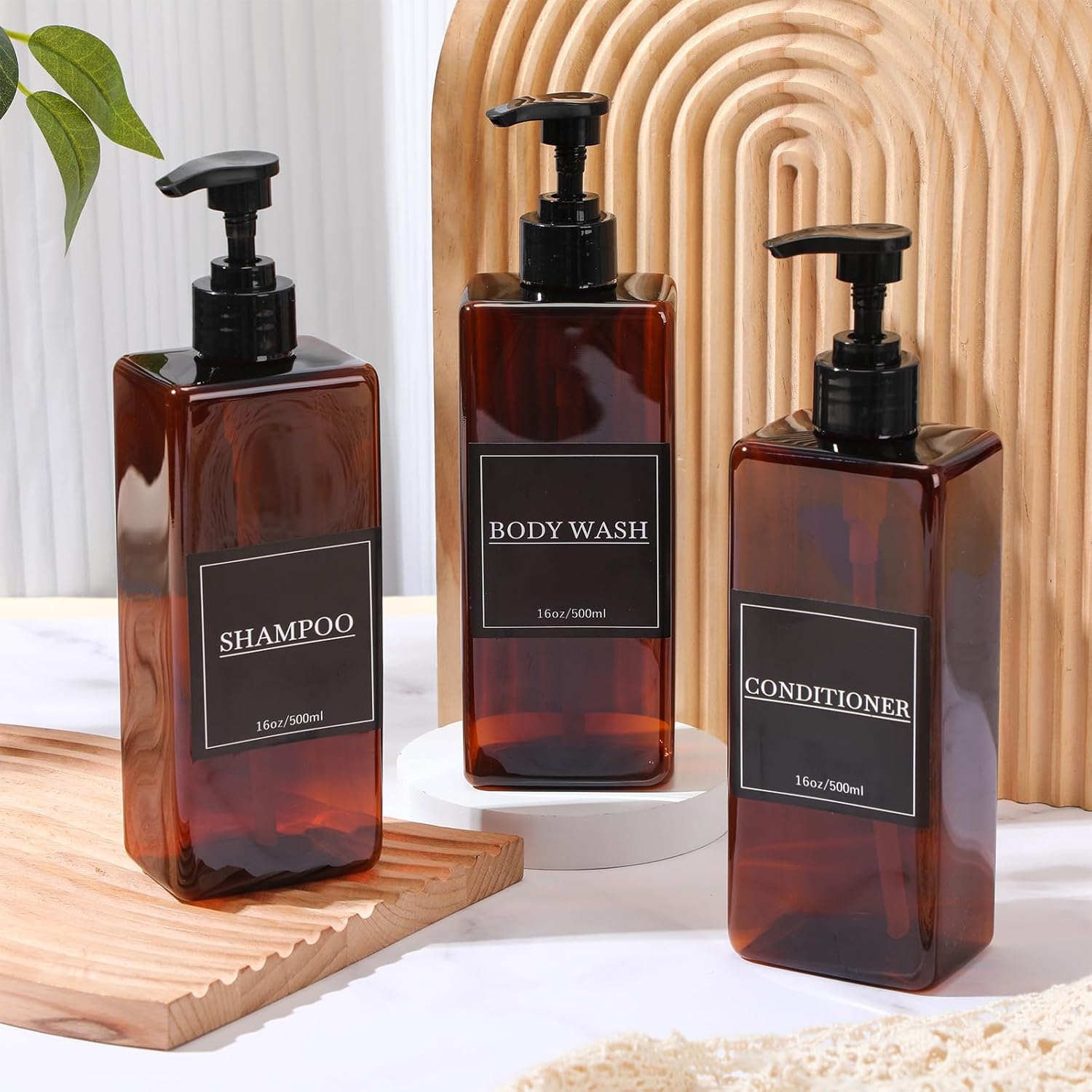 Tanlade 6 Pcs Shampoo and Conditioner Dispenser Bottles 16oz Modern Shower Soap Bottles with Pump, Labels and Marker Pen Easy to Refill Body Wash Dispensers for Home Bathroom Decoration(Brown)