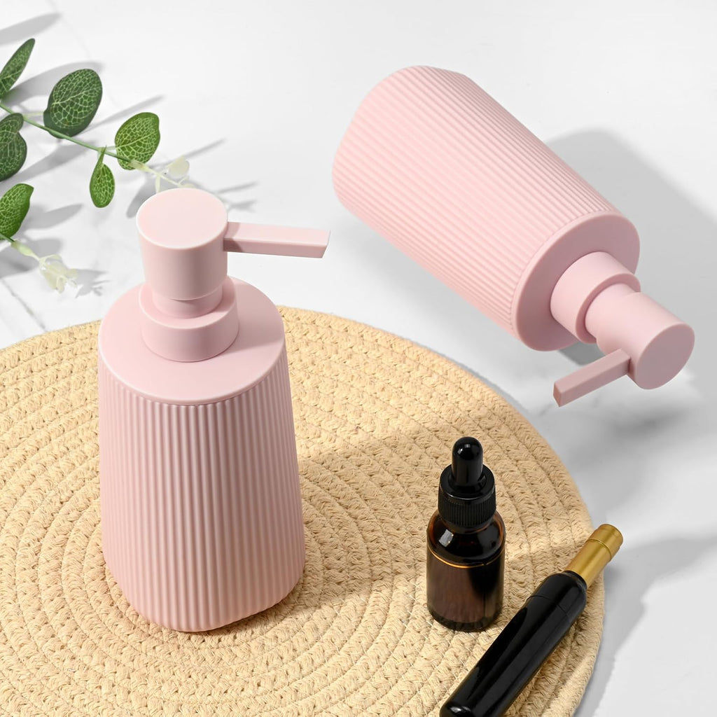 Pink 2 Pack Hand Soap Dispensers with No Rust Pump for Bathroom Kitchen or Vanity Countertops Refillable Striped Matte Plastic 8.5 oz Cute Design for Girls Room Decor