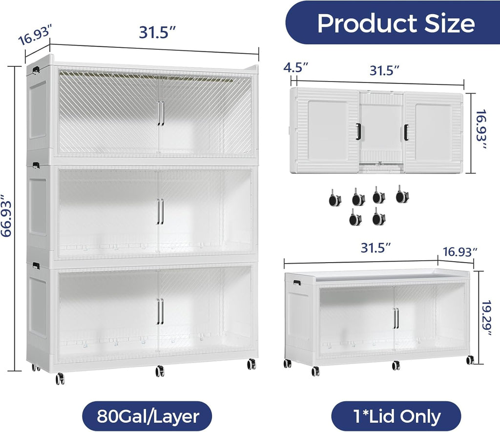 150GAL Extra Large Storage Bins with Lid, 600QT Collapsible Organizer with Wheels, Stackable Closet Cabinet with Doors, Folding Storage Containers for Home, Office, Dorm, 3Pack White