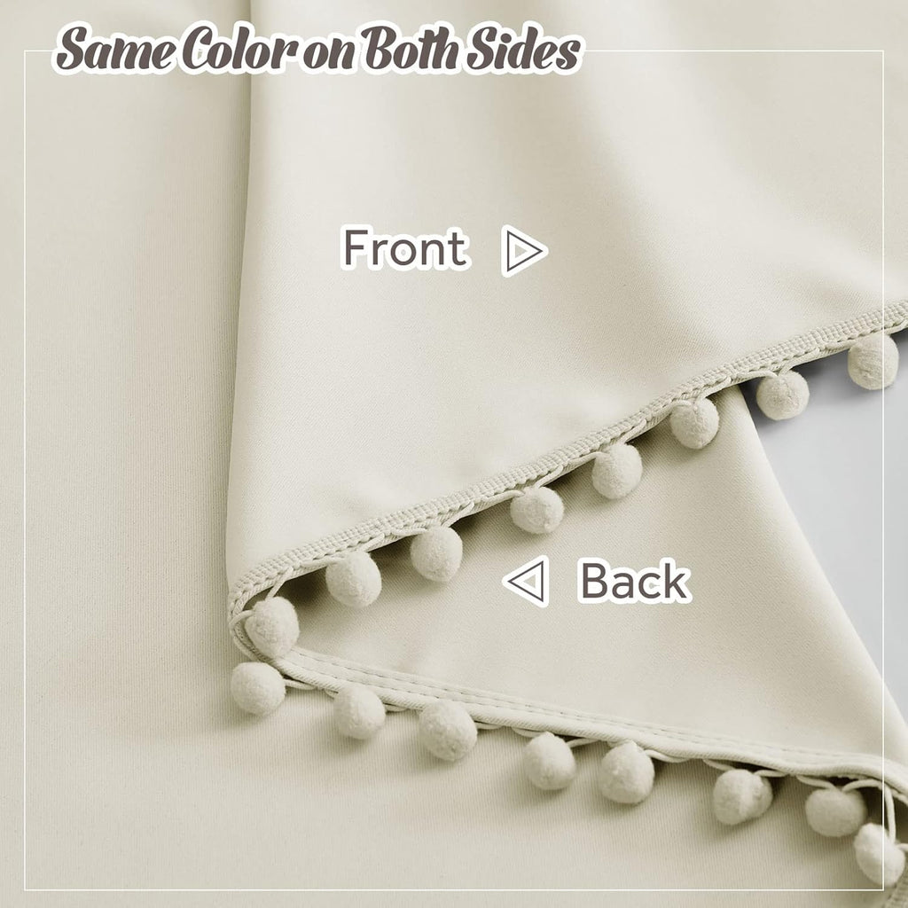 RYB HOME Bedroom Curtains 84 Inches Long Kids Curtains Blackout Window Drapes with Pom Pom Balls Lights & Heat Blocking Drapes for Girls Boys Kitchen Farmhouse, Beige, W52 x L84, Set of 2