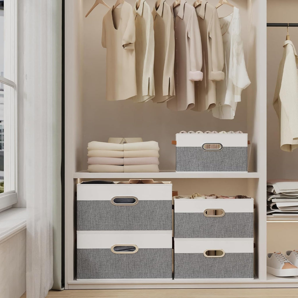 Yawinhe Fabric Storage Bins with Handles, Foldable Baskets for Shelves, Cubes with 3 Handles, Large Boxes for Clothes, White/Grey, 16.9''Lx11.8''Wx10.2''H, 4-Pack
