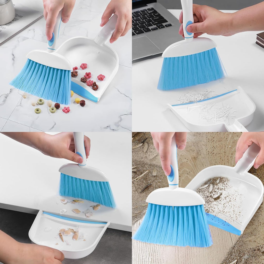 NACENA Small Dust Pan and Brush Set, Mini Broom and Dustpan Set Small Hand Broom and Brush Combo Dust Pan with Teeth for Home Cleaning Drawers Desktop Sofas Pet Care and Outdoor, Dark & Blue