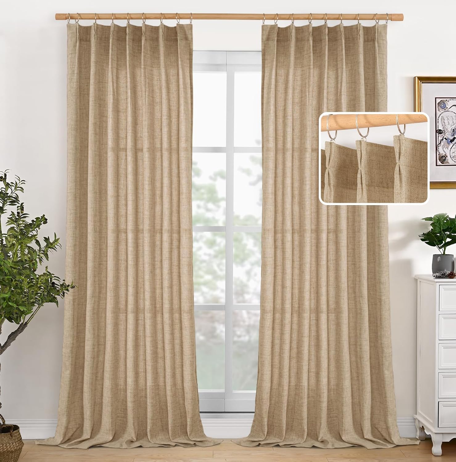 YoungsTex Toffee Linen Semi Sheer Curtains 95 Inch Length 2 Panels for Living Room, Bulap Light Filtering Drapes with Pinch Pleated for Bedroom Dining Farmhouse, 40 X 95 Inch