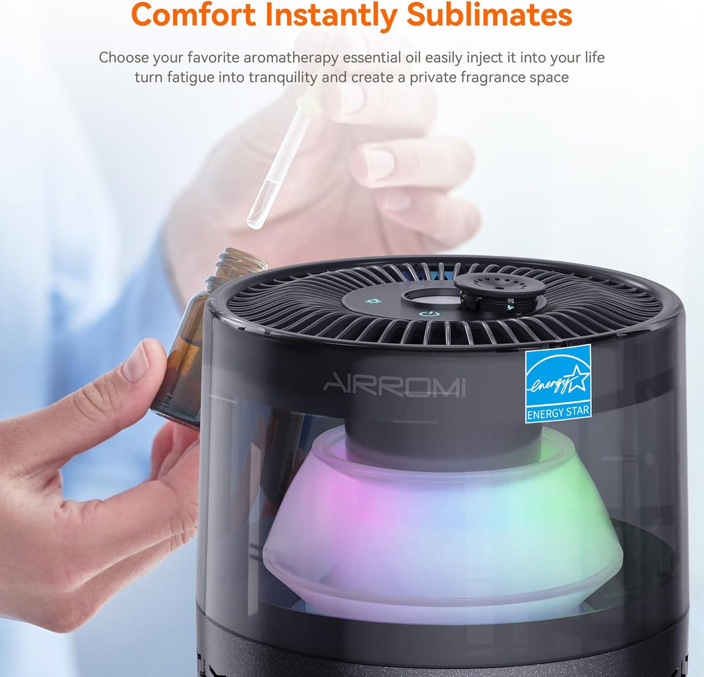 AIRROMI Air Purifiers for Bedroom Home,Up to 658 Ft²,Activated Carbon Filter Cleaner,With Fragrance Sponge for Better Sleep,Night Light,Pet Dander,Allergies,Smoke,Odor,Desktop Air Cleaner A2002 Grey