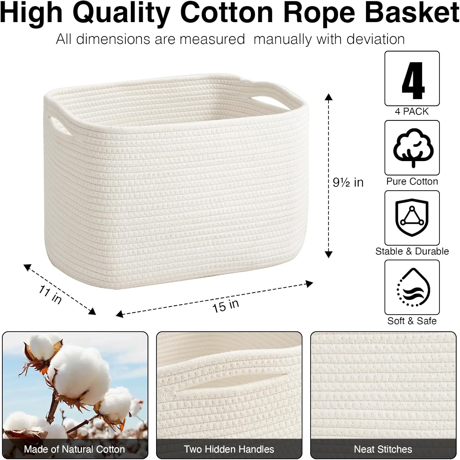 Storage Baskets for Organizing & Shelves, Woven Cotton Rope Organization Bins for Dog Toys, Clothes, Books, Nursery Organizer, 15" Lx11''Wx9.5''H, (4 Packs) Off White