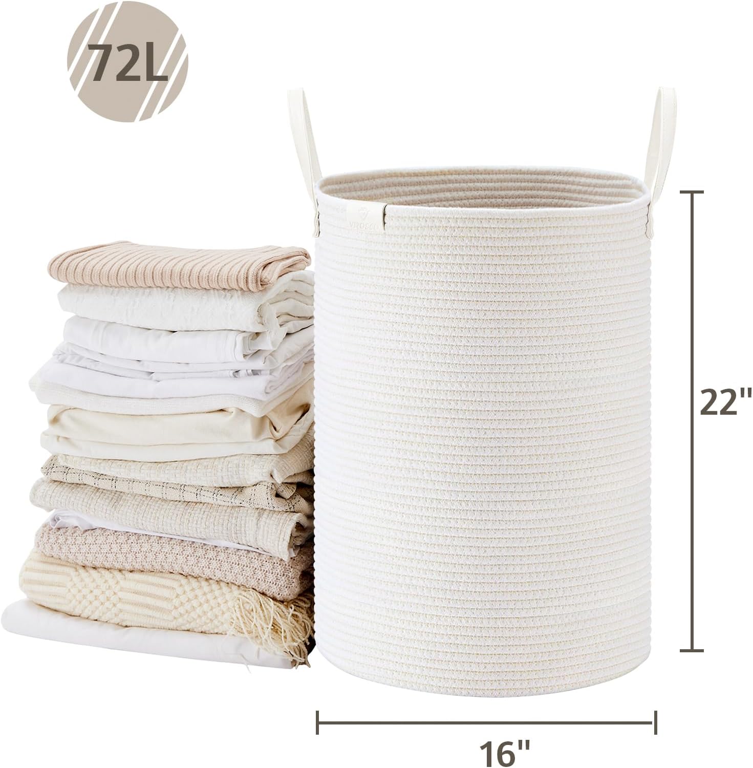 VIPOSCO Tall Laundry Basket, Large Dirty Clothes Hamper with Leather Handle, Woven Rope Storage Basket for Blanket, Toy In Living Room, Bathroom, Bedroom - 72L White