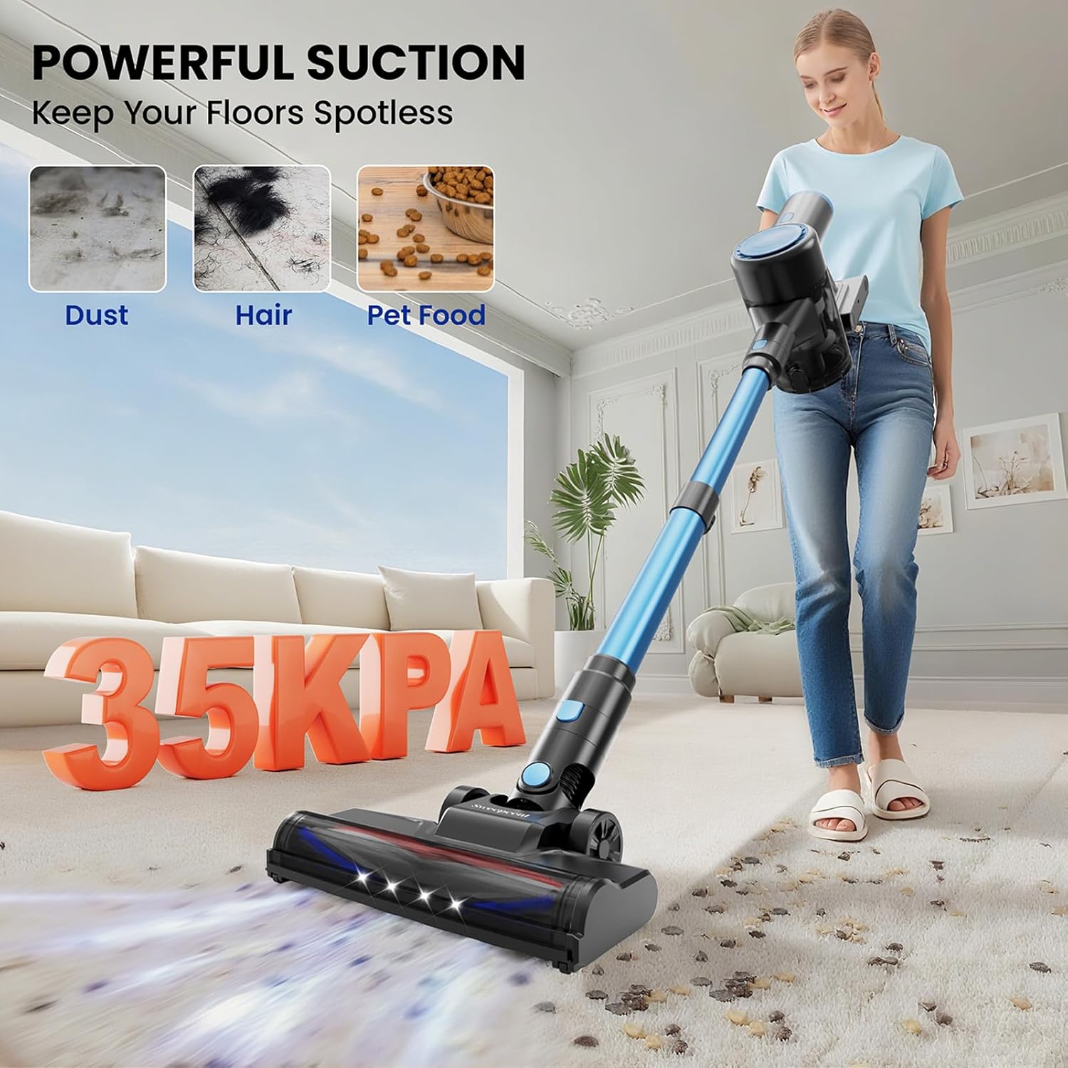 Cordless Vacuum Cleaner with 35kPa Suction Vacuum Cleaner, Lightweight Stick Vacuum Cordless for Pet Hair, Carpet, Hard Floors