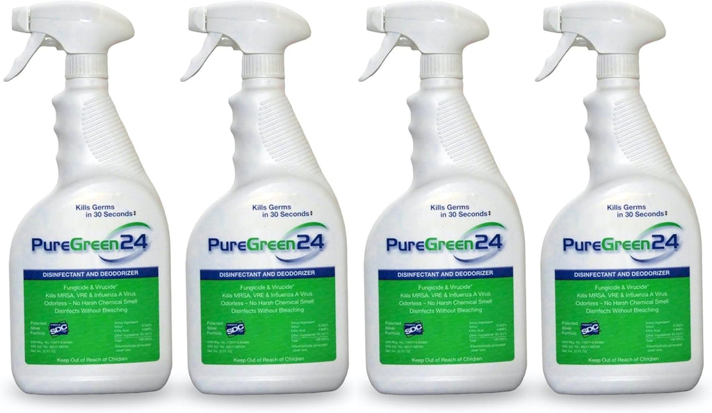 PureGreen24 Safe & Effective Disinfectant. Kills Deadly Germs including RSV Norovirus MRSA Staph 2025 flu Bird Flu Contains No Toxic Chemicals Odorless Child & Pet Safe (4) 32oz Spray Bottles