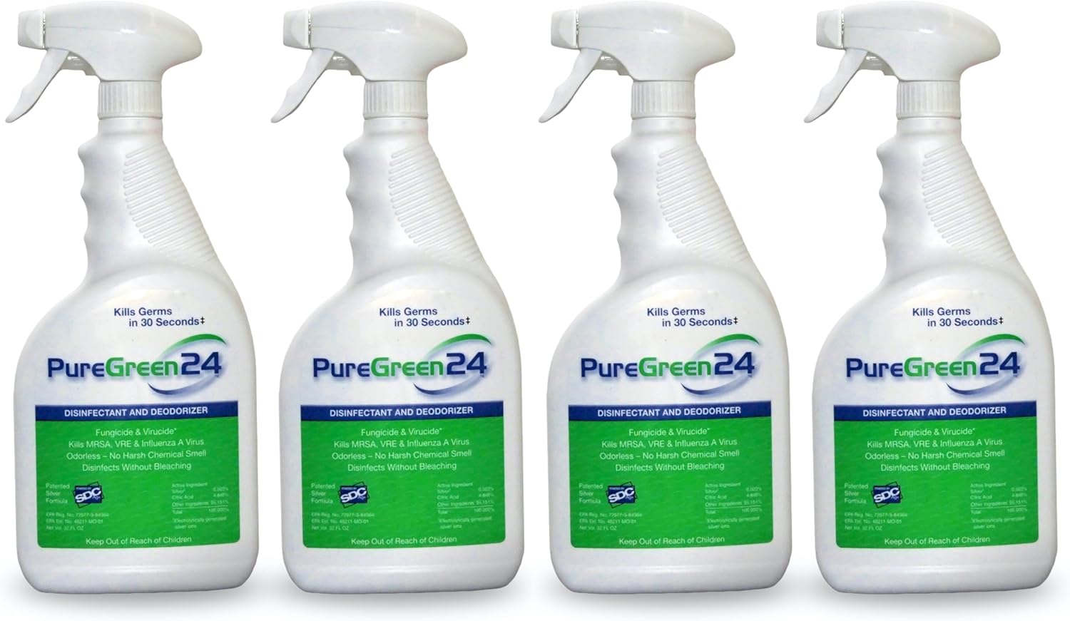 PureGreen24 Safe & Effective Disinfectant. Kills Deadly Germs including RSV Norovirus MRSA Staph 2025 flu Bird Flu Contains No Toxic Chemicals Odorless Child & Pet Safe (4) 32oz Spray Bottles