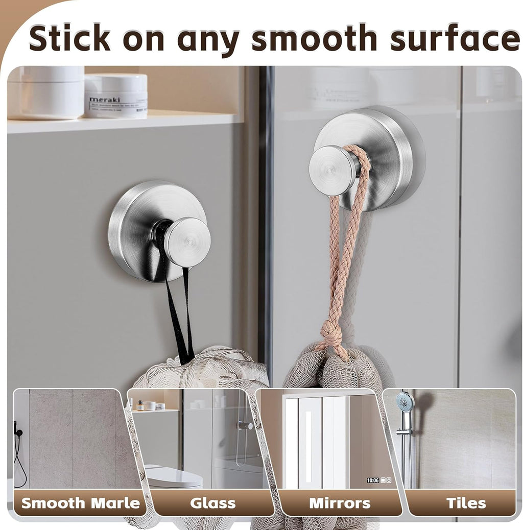 Reusable Heavy Duty Suction Cup Hooks for Kitchen/Bathroom/Shower - Wet-Proof Hooks for Towels, Robes, Loofah&Wreaths/No Drill Mounting on Glass, Tile, Metal (2, Brushed Nickel)