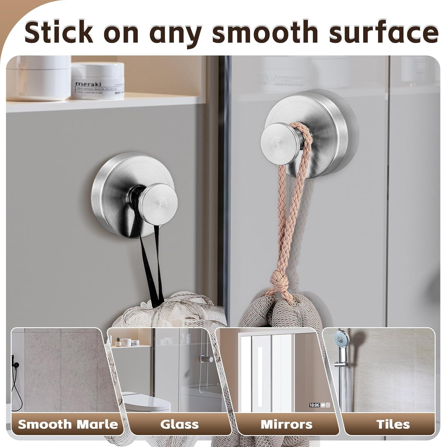 Reusable Heavy Duty Suction Cup Hooks for Kitchen/Bathroom/Shower - Wet-Proof Hooks for Towels, Robes, Loofah&Wreaths/No Drill Mounting on Glass, Tile, Metal (2, Brushed Nickel)