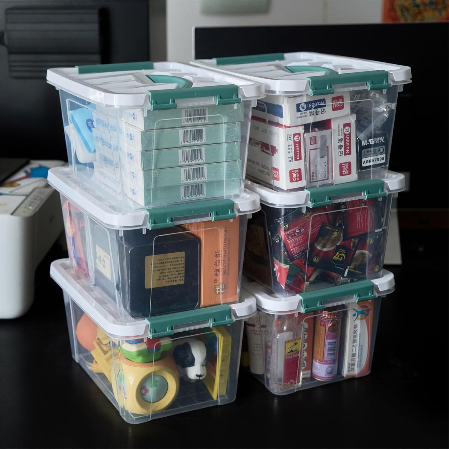 6 Quart Plastic Stackable Storage Latch Bins,Clear Latching Box with Handle and Lid,Pack of 6 (Green Handle)