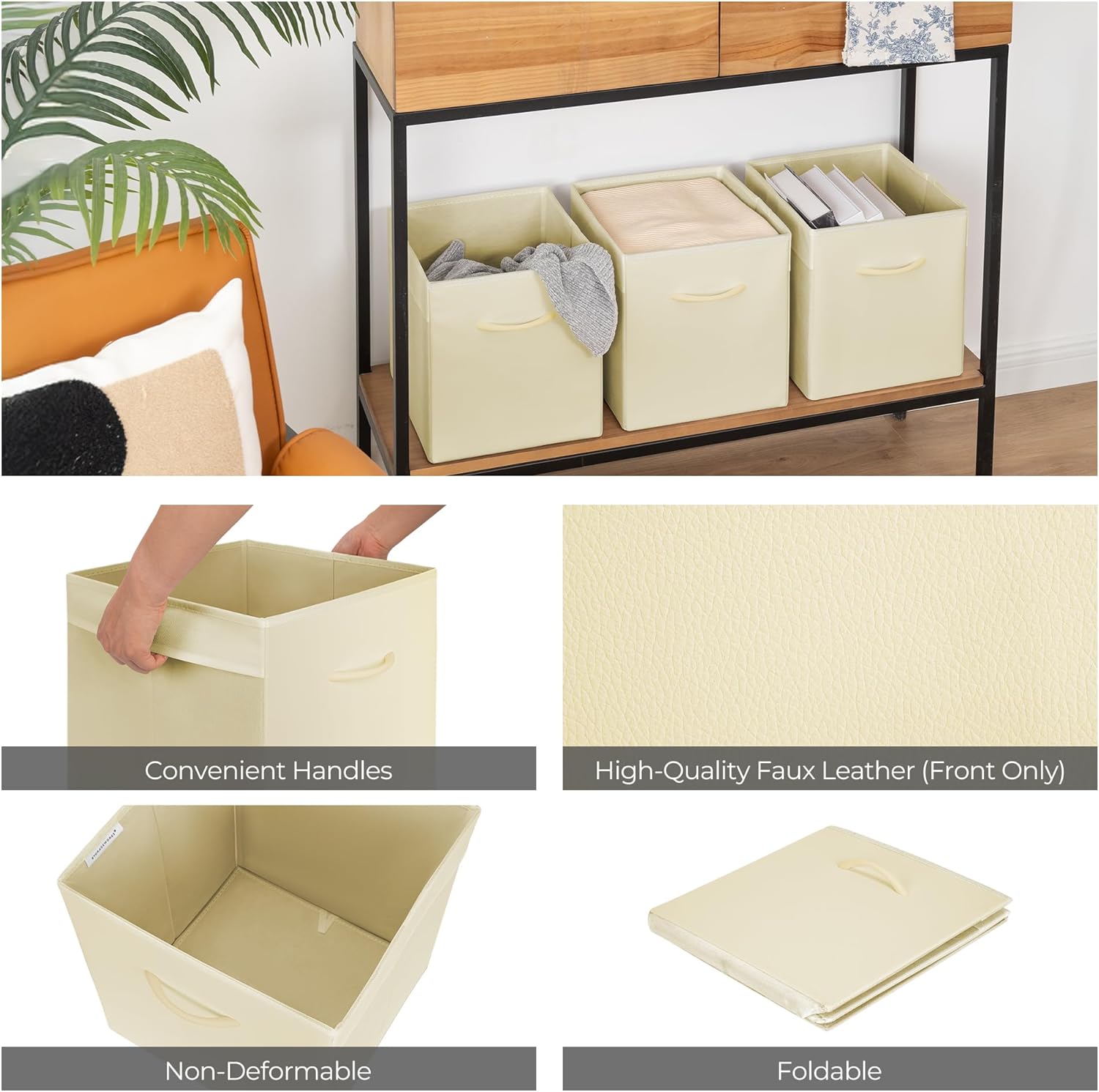 StorageWorks Beige Storage Cubes, 11 Inch Cube Storage Bins with Handle, Cube Storage Organizer Bins for Shelves and Closet, Collapsible Storage Bins, 4-Pack
