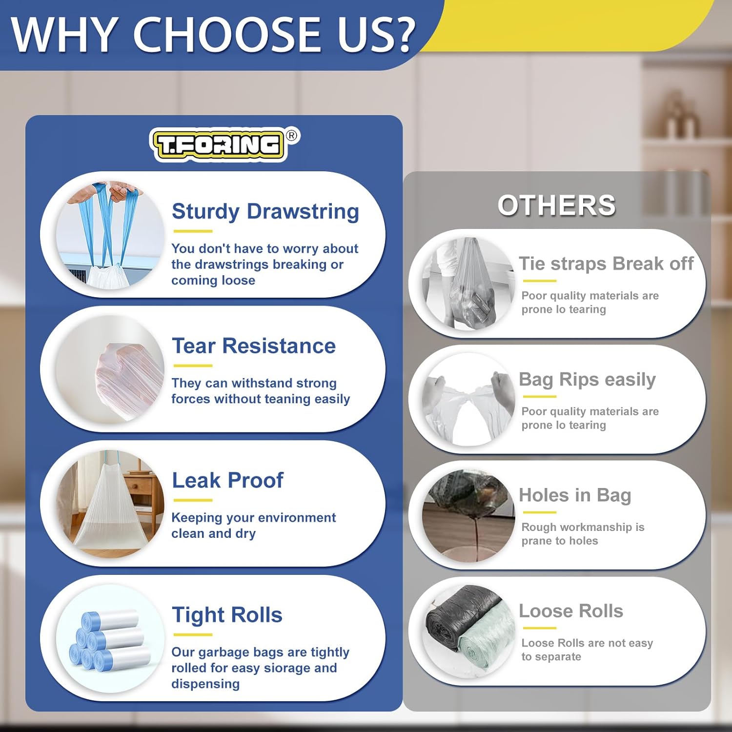 10 Gallon Trash Bags with Drawstring - 120 Count Heavy Duty 1.2 Mil Garbage Bags 38 Liter Unscented White Kitchen Bin Liners for Home & Office