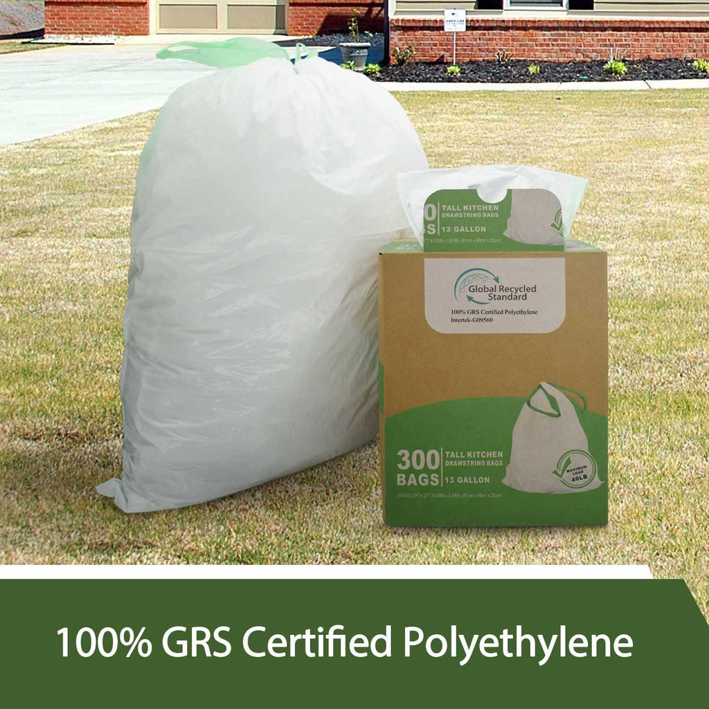 TYPLASTICS 300 Count 13 Gallon Tall Kitchen Drawstring Trash Bags, GRS Compliant, Eco-Friendly Recycled Material