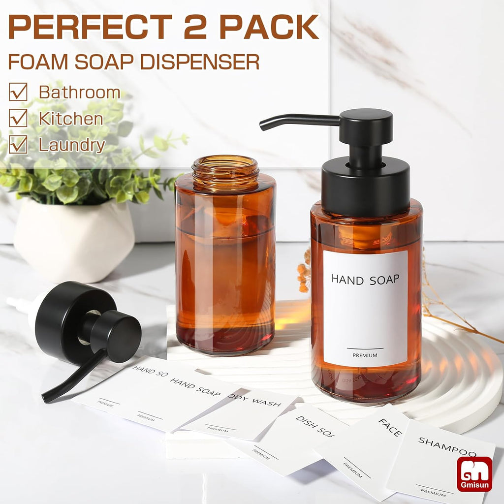 GMISUN Glass Foaming Soap Dispenser, 10 Fl oz / 300ml Amber Glass Soap Dispenser for Bathroom & Kitchen, 2 Pack Modern Refillable Foam Hand Soap Dispensers, Bathroom Hand Soap Dispensers with Labels