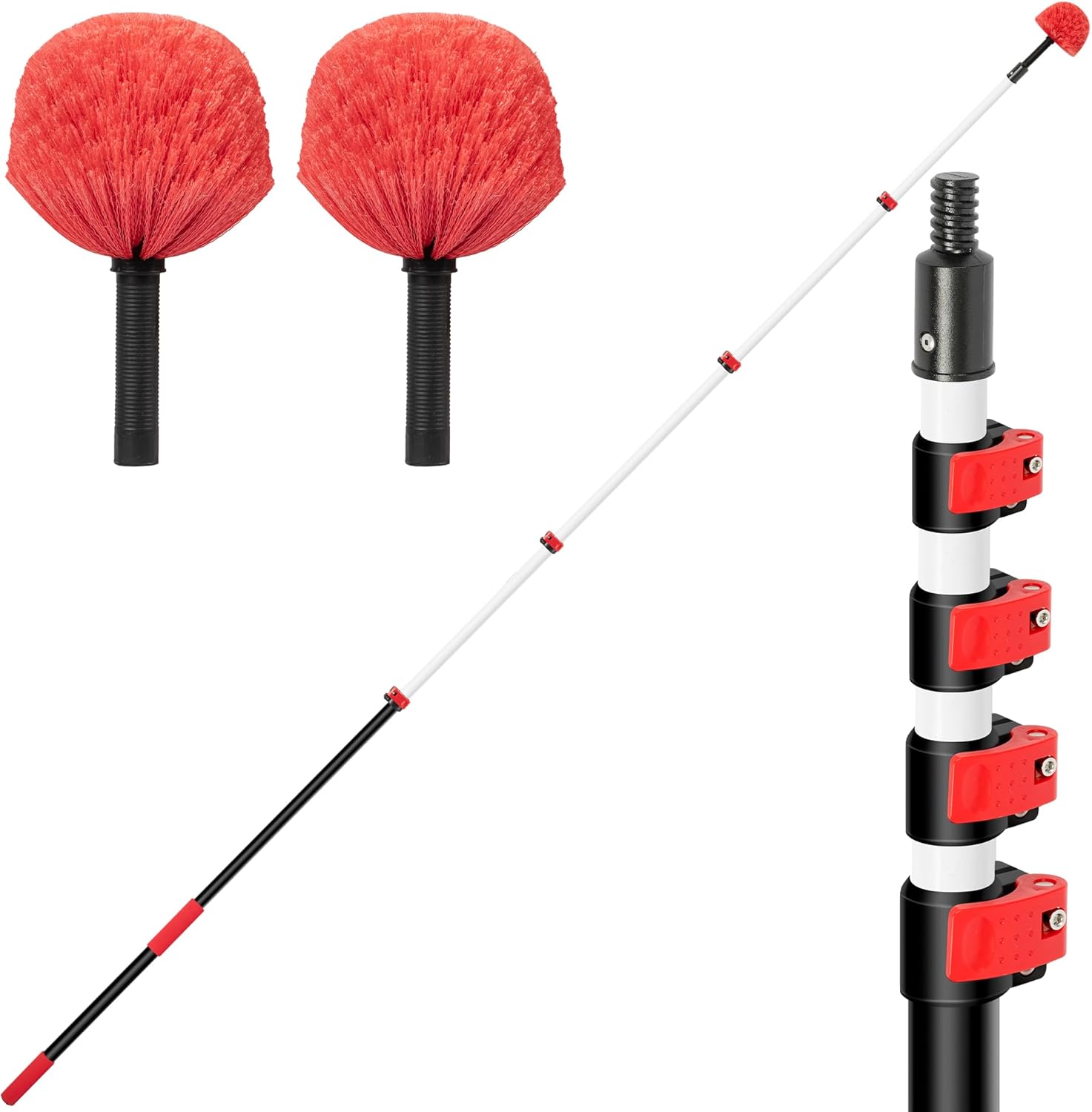 6-24 FT Cobweb Duster with Extension Pole, 30 FT High Reach Spider Web Brush with Telescopic Pole, Extendable Duster with 2 Outdoor Cobweb Brushes, Duster for High Ceiling