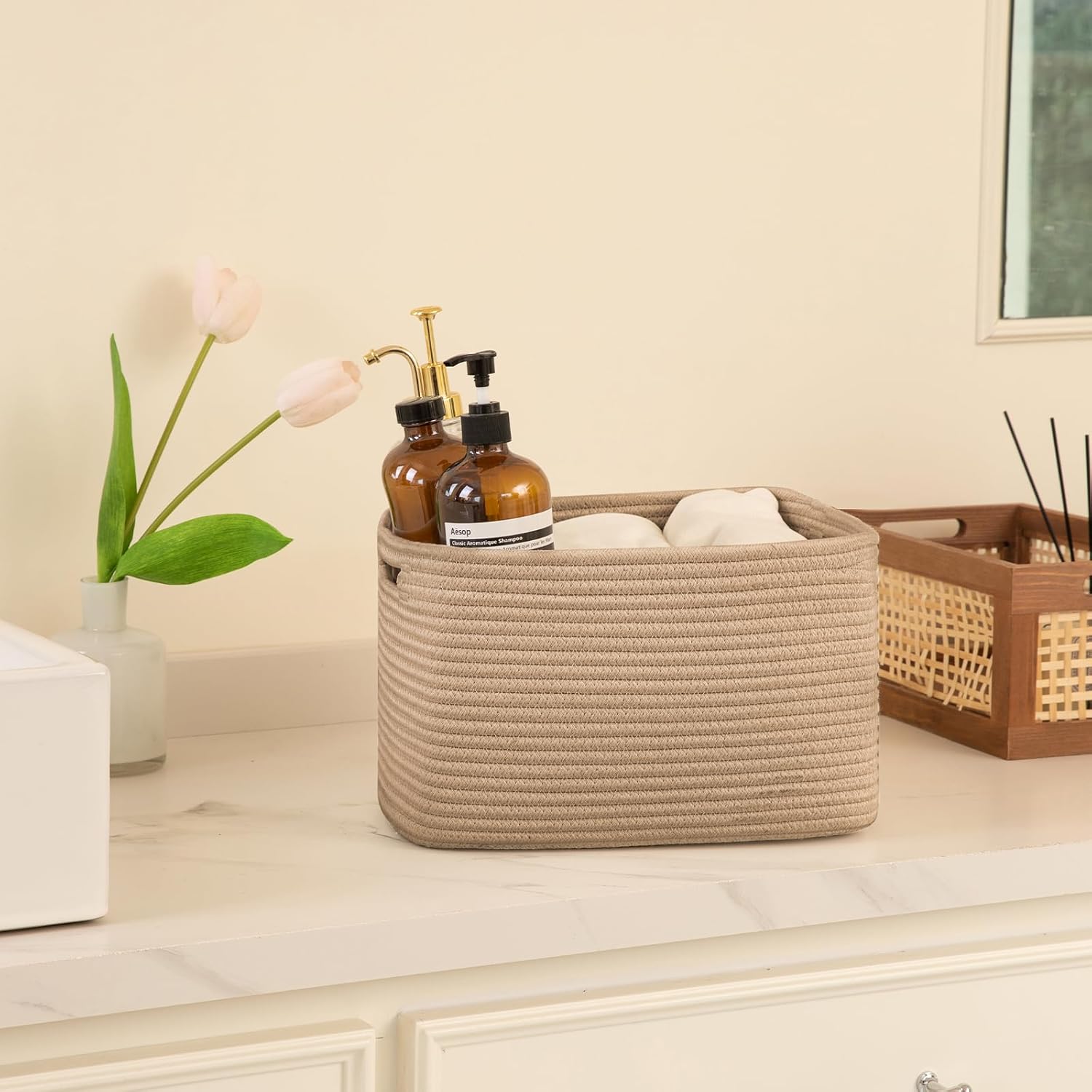 OIAHOMY 4 Pack Storage Baskets for Organizing, Cube Storage Bins for Shelves, Rectangle Storage Baskets With Handles, Woven Baskets for Storage, 12.7''Lx9''Wx7.8''H, Yellow