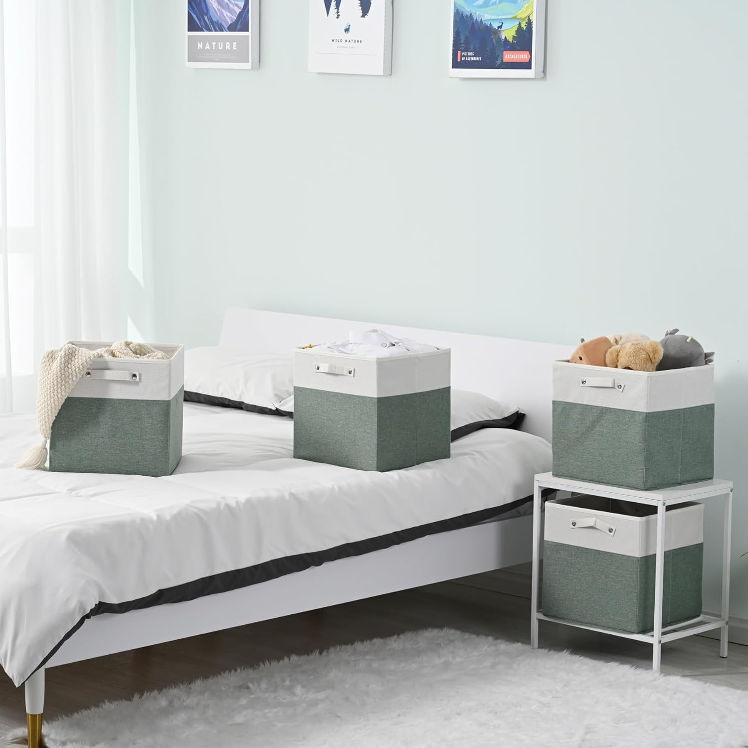 13 x 13 Inch Fine Linen Storage Bins with Handles，Fabric Cube Boxs，Collapsible Basket Organizers for Shelves for Home, Closet Drawers (White/Green-4 Pack )