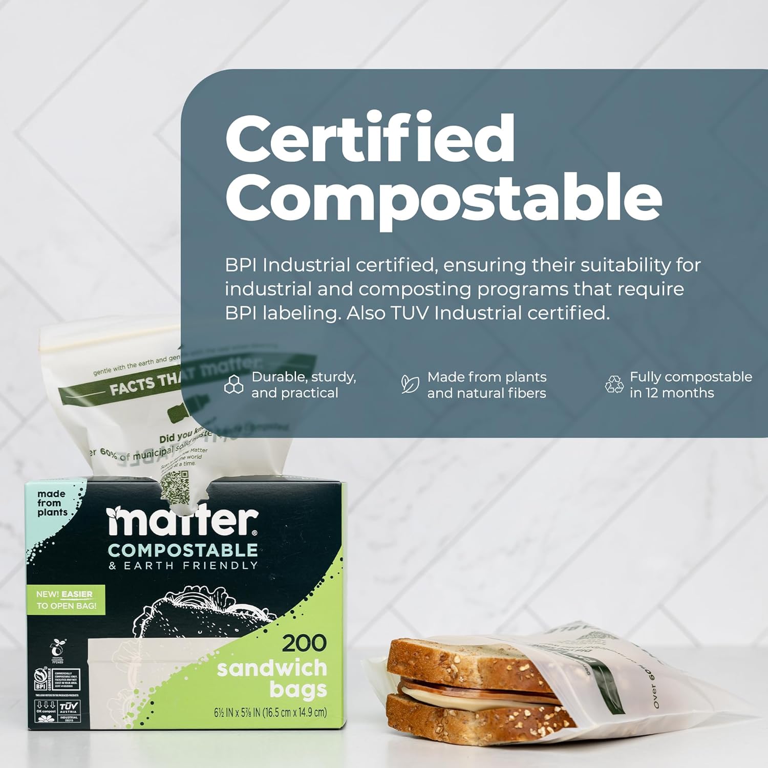 Matter Compostable Sandwich Bags for Food Storage, Eco-Friendly, Resealable, 200 Count