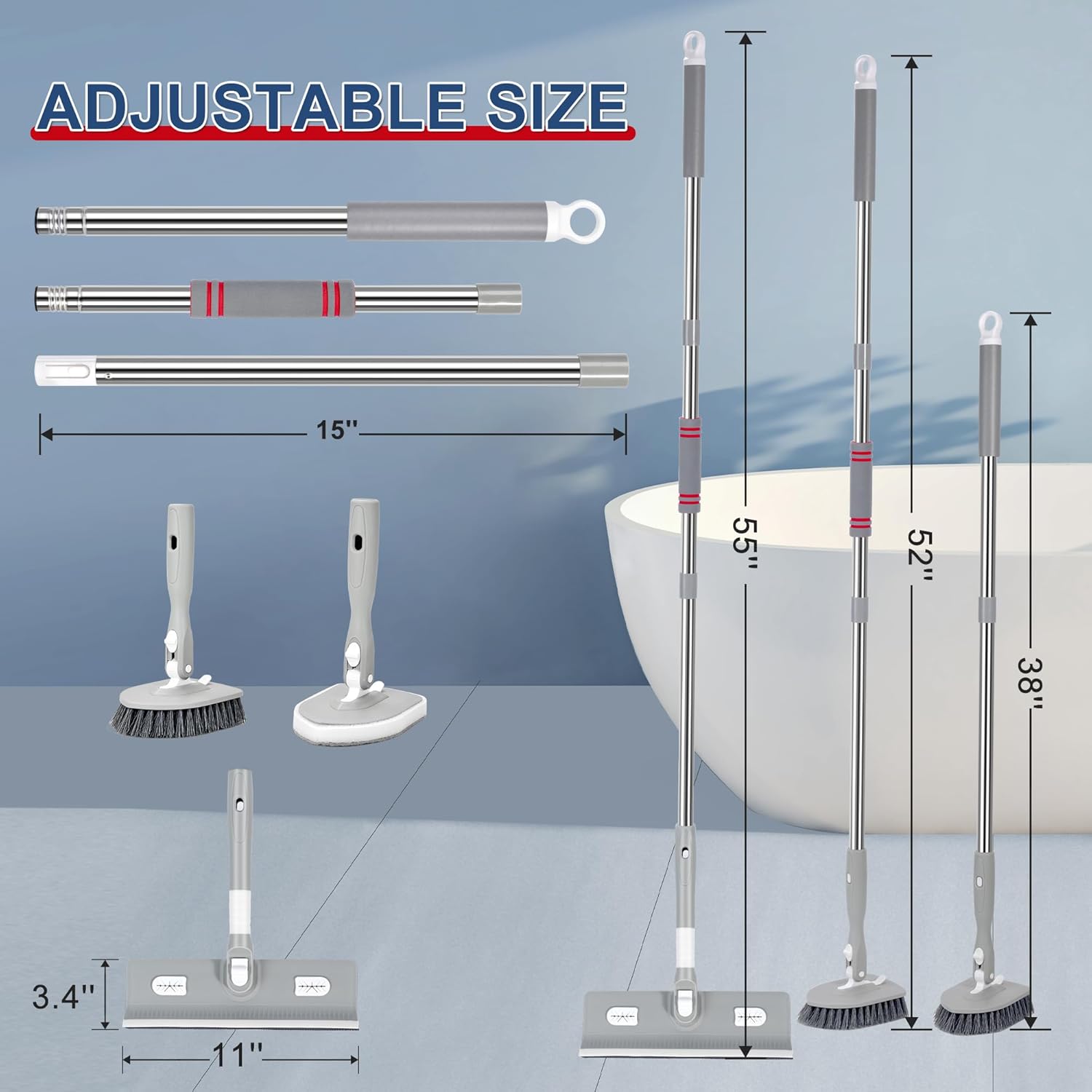 Tile Tub Floor Cleaner Scrubber With Long Handle - 5-in-1 Shower Brush Set for Bathroom, Kitchen, Walls, Sink - Includes Window Scraper and 3 Detachable No Scratch Heads