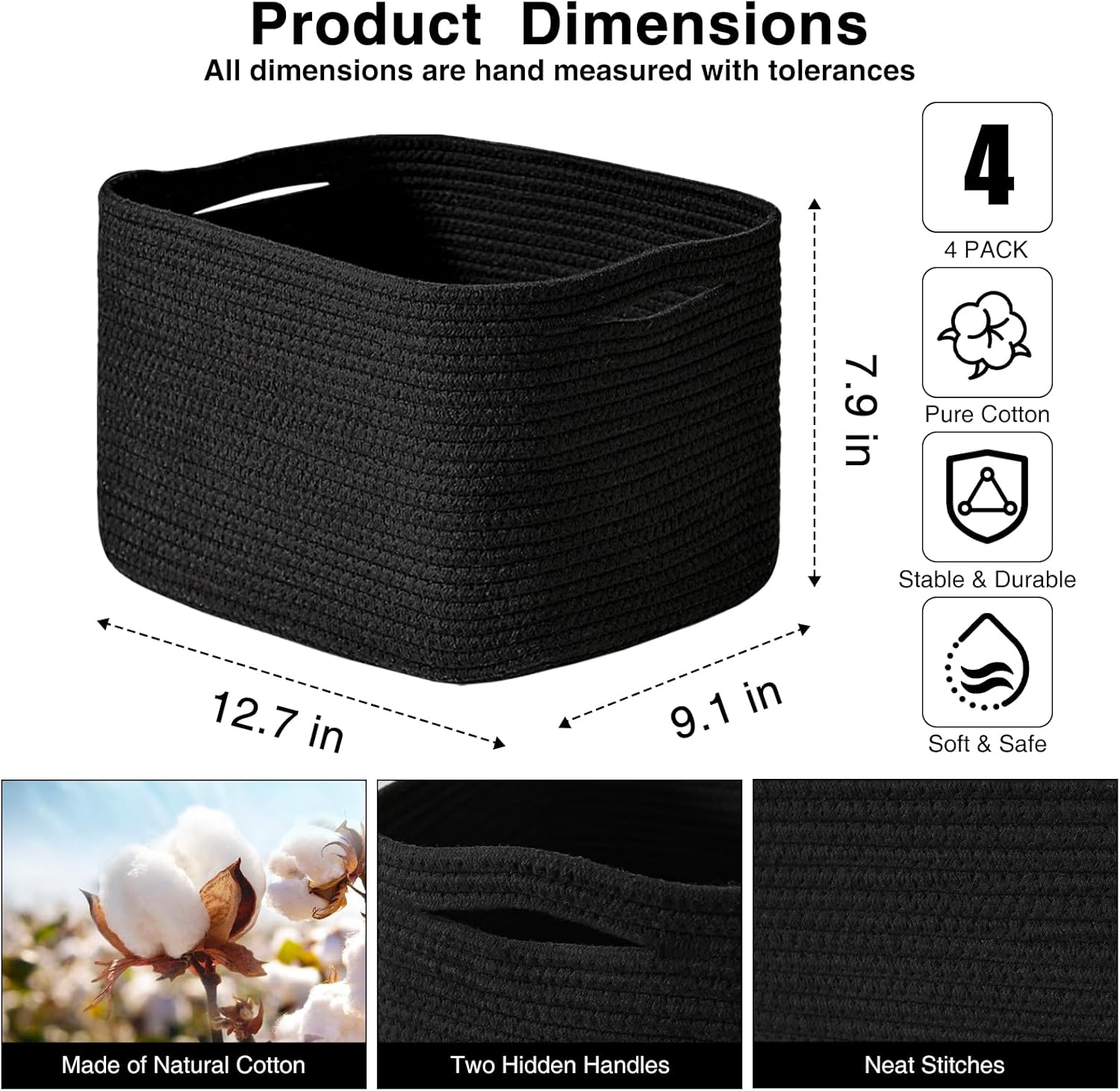 Small Storage Baskets for Organizing Shelves, Cotton Rope Basket for Storage, Cute Rectangular Book Toy Bins, 12.7"×9.1"×7.9", 4 Packs, Black