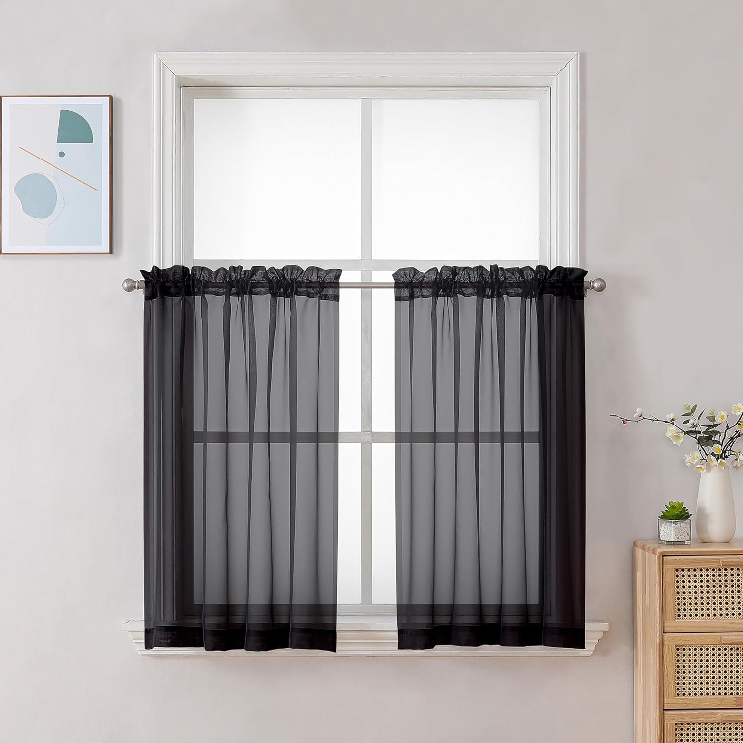 Chyhomenyc Black Sheer Curtains 30 inch Length 2 Panels, Light Filtering Voile Rod Pocket Short Window Curtians for Bathroom Living Room Farmhouse Small Windows, 42Wx30L inches