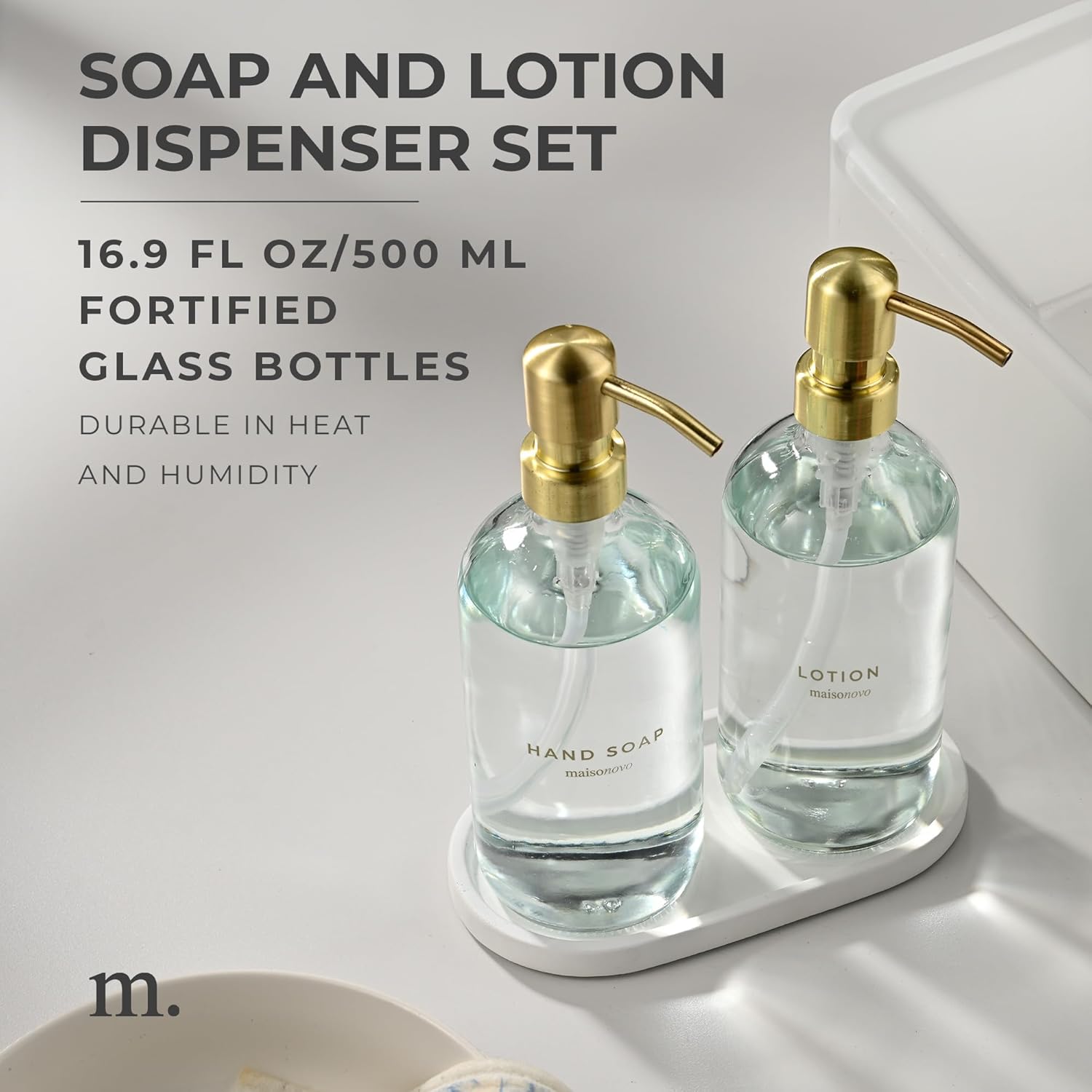 MaisoNovo Soap Dispenser 3-Piece Set | 16.9oz Clear Bottles with Gold Stainless Steel Pumps