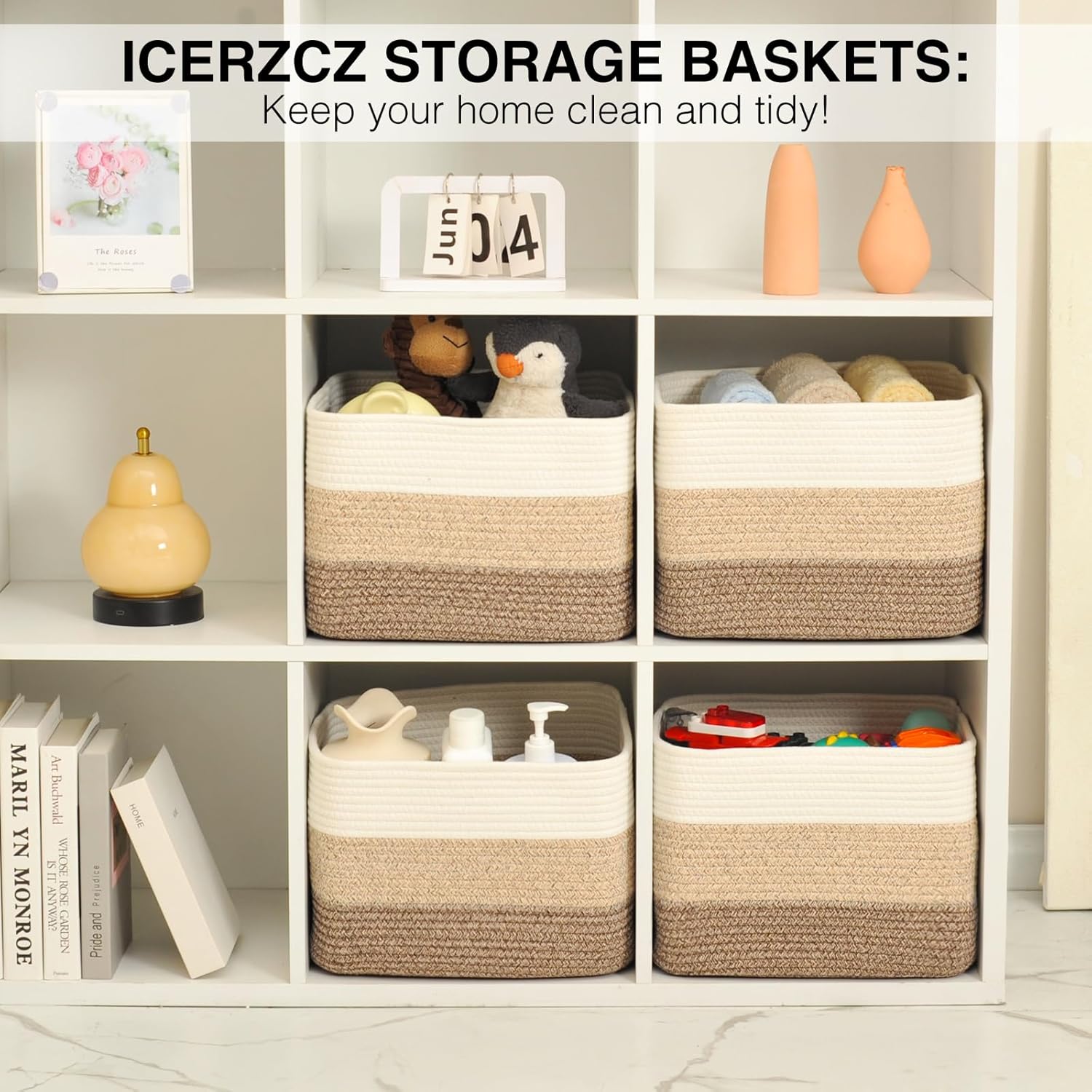 Storage Baskets for Organizing & Shelves, Woven Cotton Rope Organization Bins for Dog Toys, Clothes, Books, Nursery Organizer, 15"Lx11"Wx9.5"H, (4 Packs) Gradient Brown