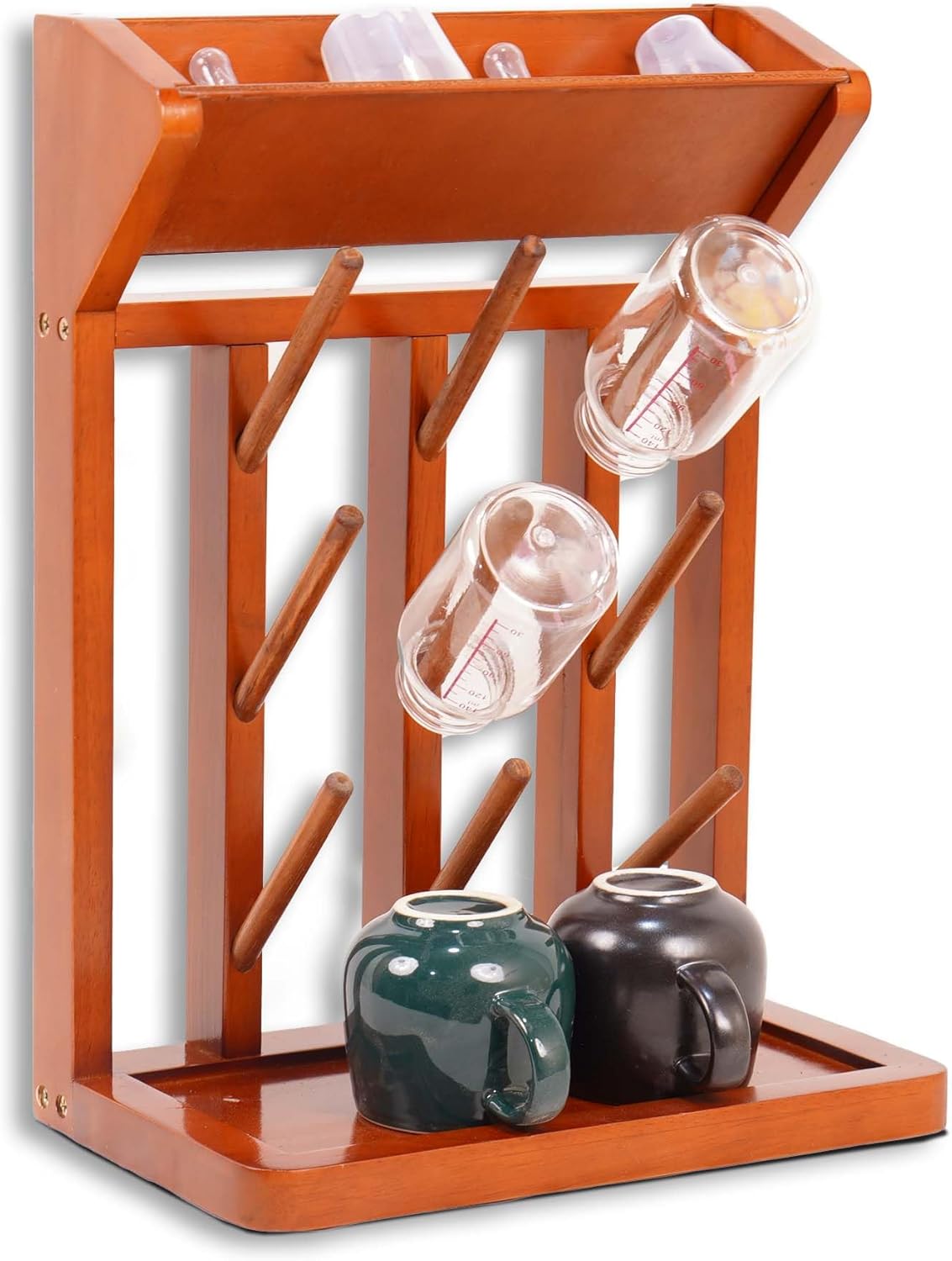 Brown Vertical Bottle Drying Rack Rubber Wood 9 Hooks, Use for Bottles, Cups, Mugs, Glasswine, Space Saving Storage Shelf Bottle Holder Dryer Kitchen