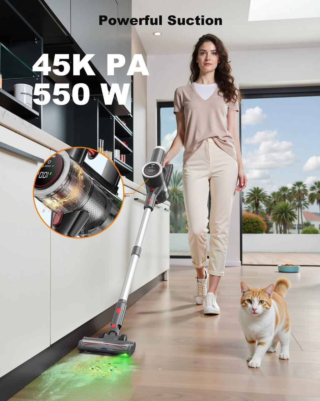 Cordless Vacuum Cleaner, 6-in-1 Lightweight Stick Vacuum with 45mins Runtime, LED Display & Light, Self-Standing, Rechargeable Cordless Vacuum for Carpet, Tile, Pet Hair, Hardwood Floors (Gray)