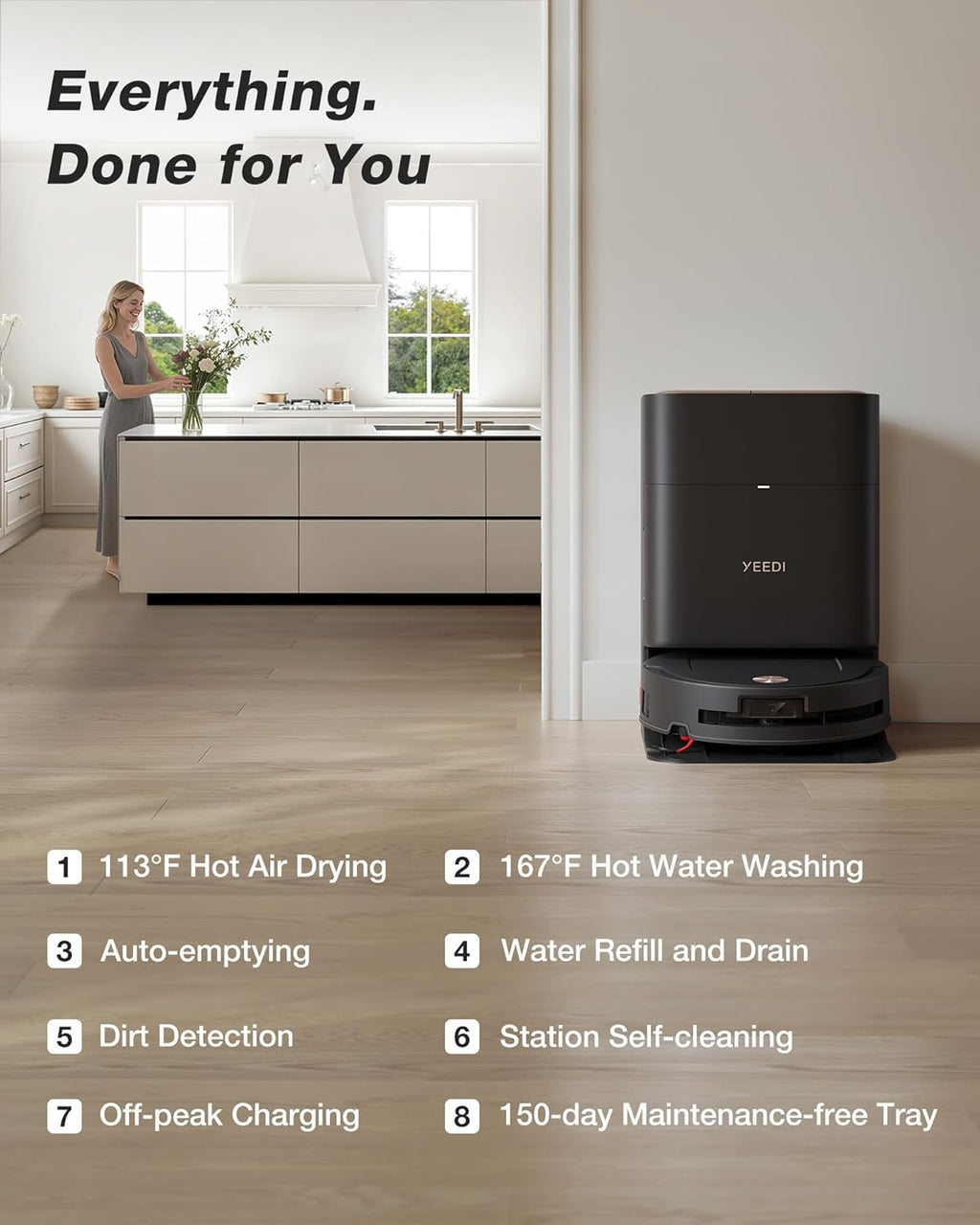 Yeedi M14 Plus Robot Vacuum and Mop, 18,000Pa Suction, OZMO Roller Instant Self-Washing Mopping, 167℉ Smart Dynamic Hot Wash & Auto-Dry, ZeroTangle 3.0 Anti-Hair Brush, All-in-One Omni Station, Black