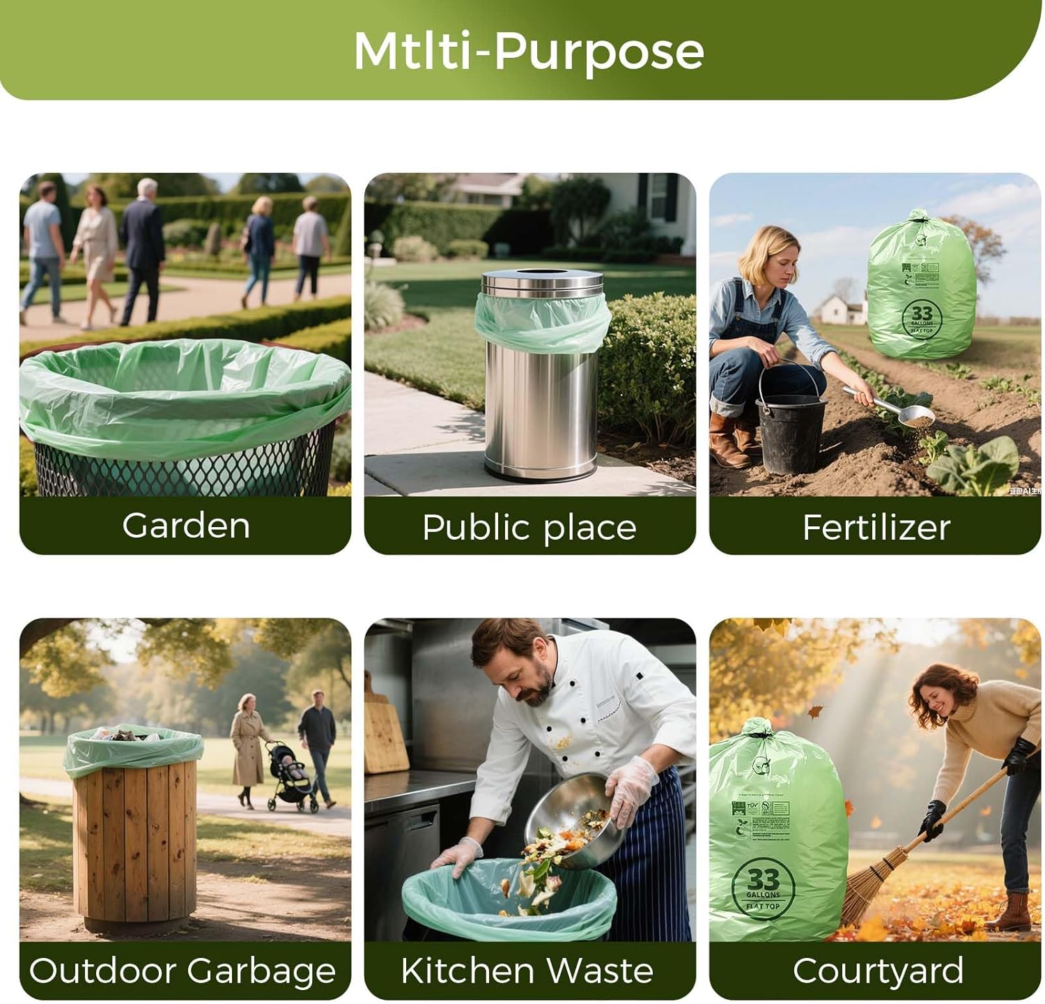 30-33 Gallon Compostable Trash Bags with Flat-Top, Heavy Duty Extra Thick 1.57 Mil, 124.92 Liter, 30 Bags, Large Lawn and Yard Waste Bag, ASTM D6400, US BPI and OK Compost Home Certified