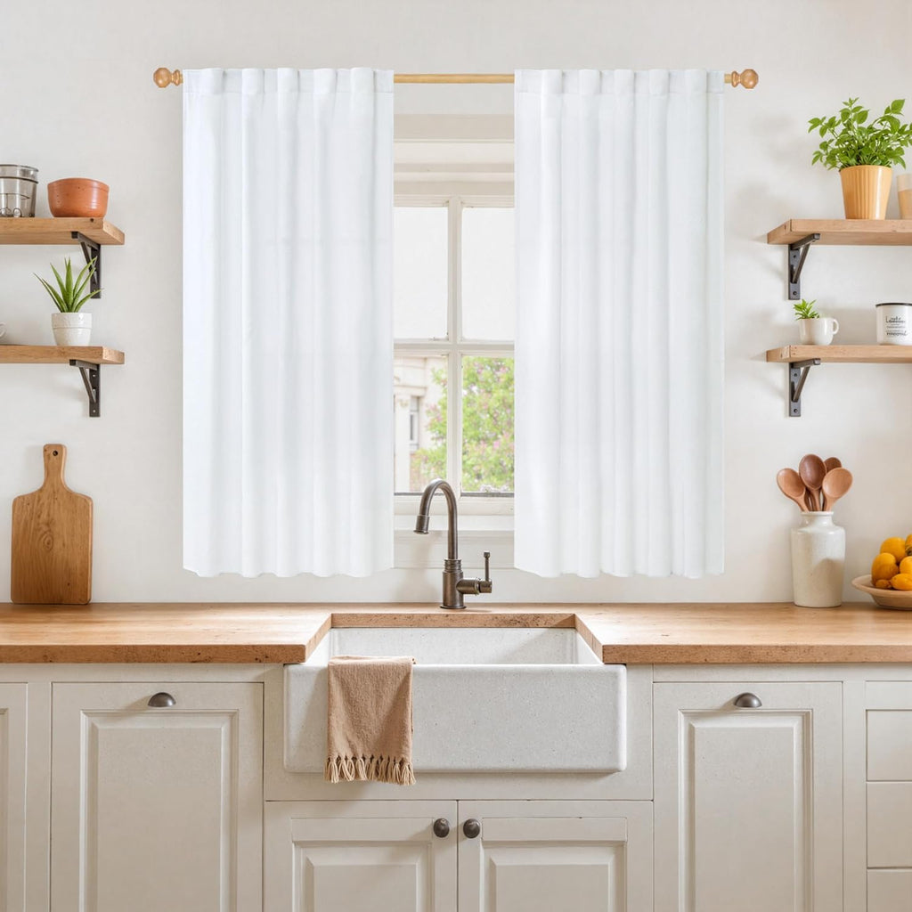 YoungsTex Short White Linen Curtains 45 Inch Length 2 Panels for Window, Semi Sheer Drapes Light Filtering with Rod Pocket Back Tab Lightweight for Cafe Kitchen Bathroom, 42 X 45 Inch