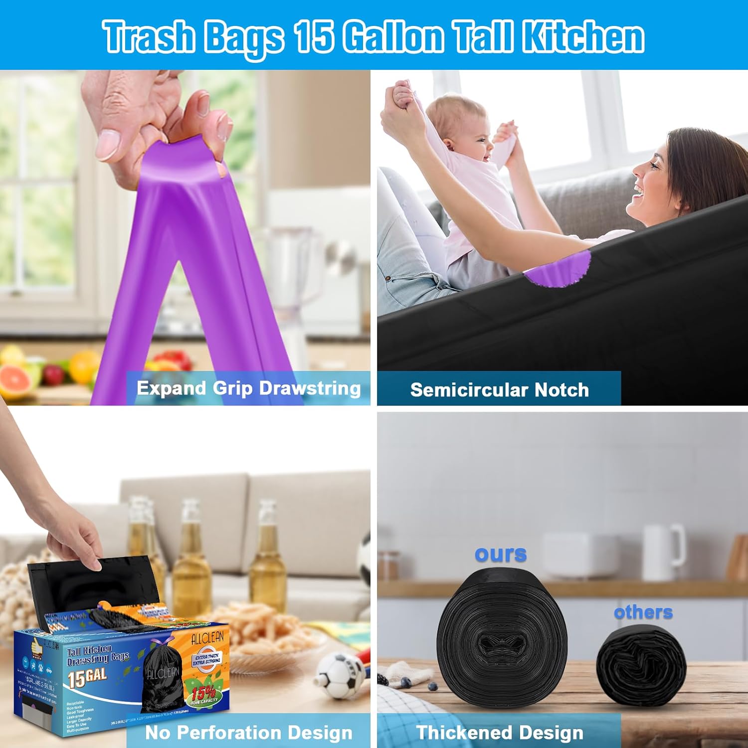 Trash Bags 15 Gallon Tall Kitchen Drawstring Garbage Bags,Fit 13-15 Gal Bins,Extra Strong&Leak-Proof,Unscented&Recyclable Trash Can Liners for Home Office Industrial Bathroom Garden Lawn(Black)